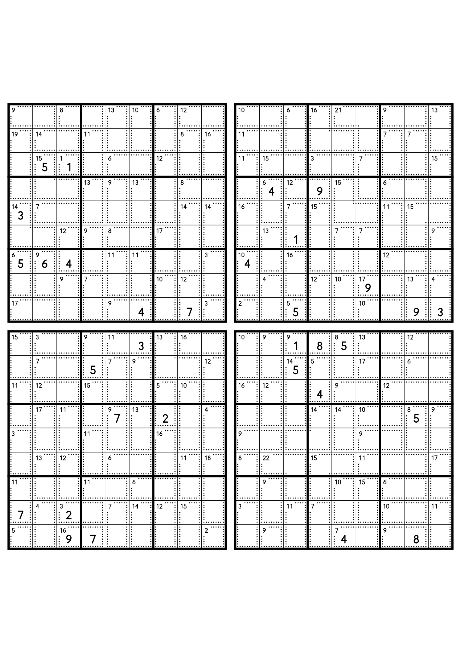 Four easy 9x9 killer sudoku grids, each with small cages and eight given digits. Level: Easy, 4 puzzles per page. Variant 5.