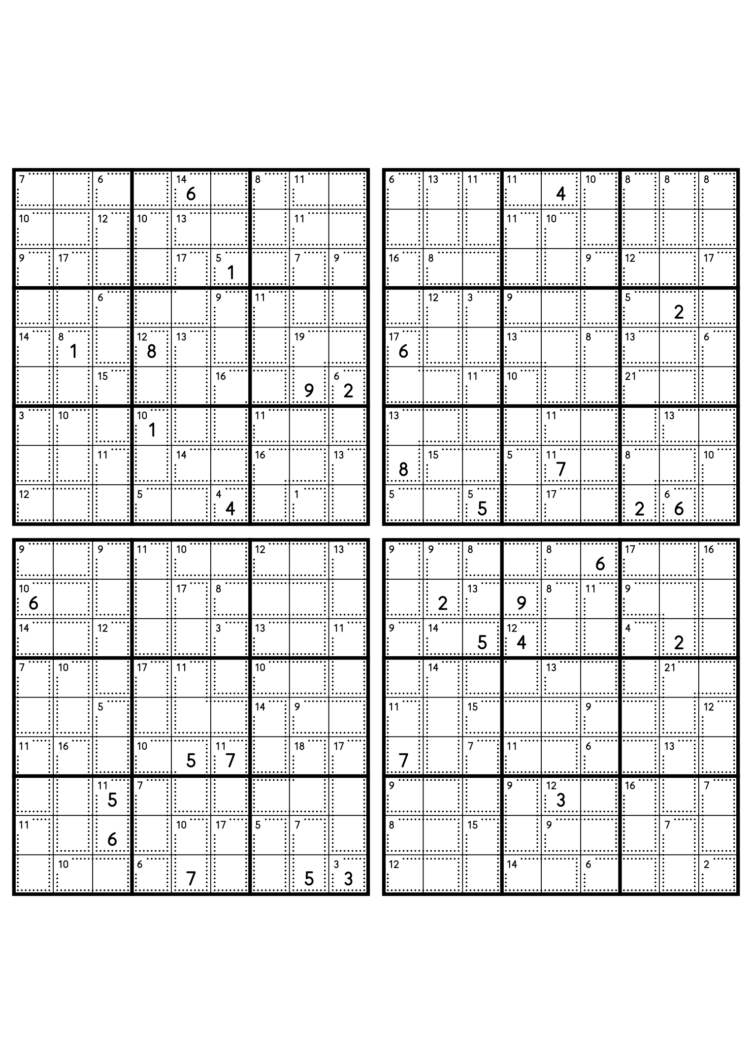 Four easy 9x9 killer sudoku grids, each with small cages and eight given digits. Level: Easy, 4 puzzles per page. Variant 6.