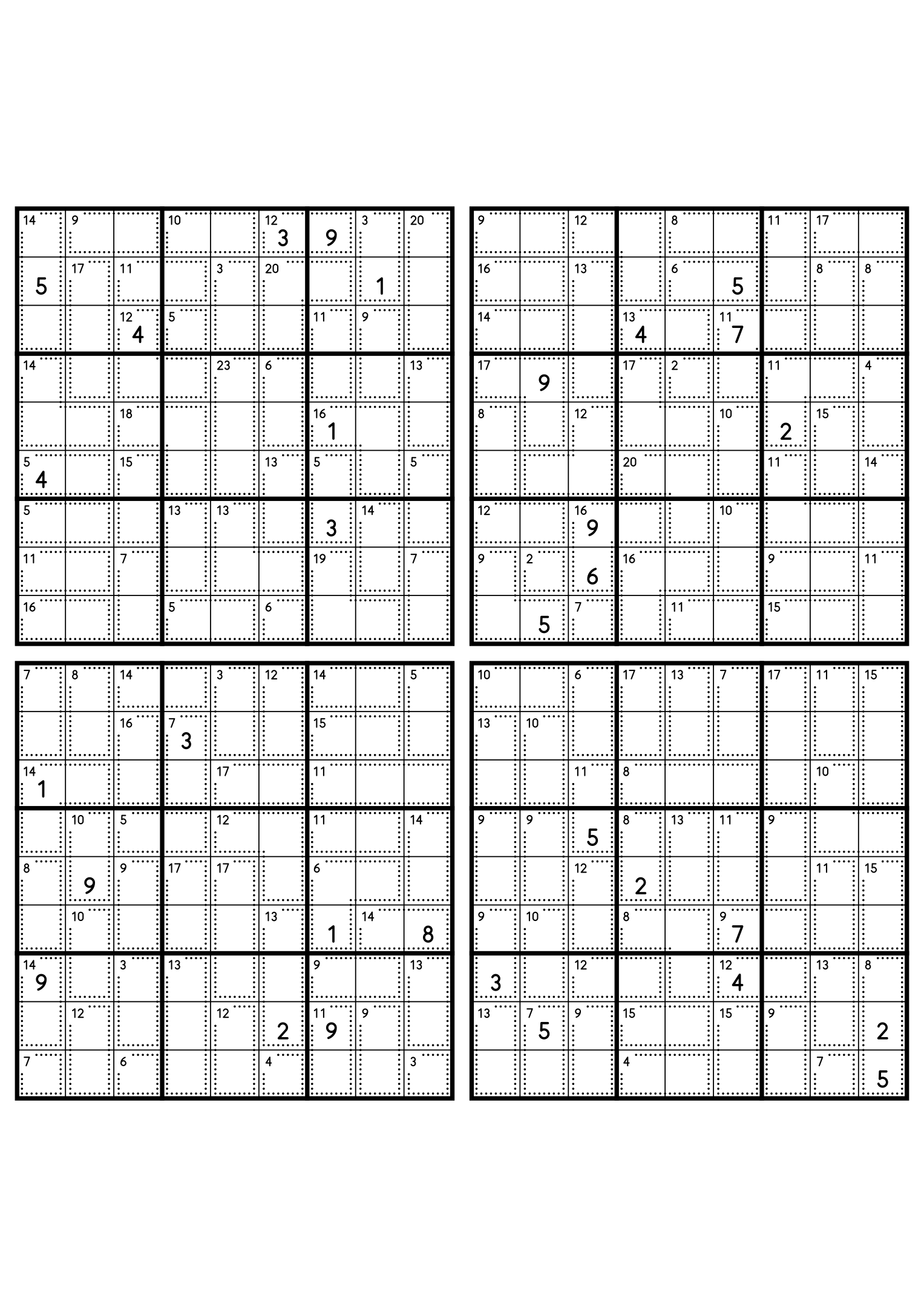 Four easy 9x9 killer sudoku grids, each with small cages and eight given digits. Level: Easy, 4 puzzles per page. Variant 7.