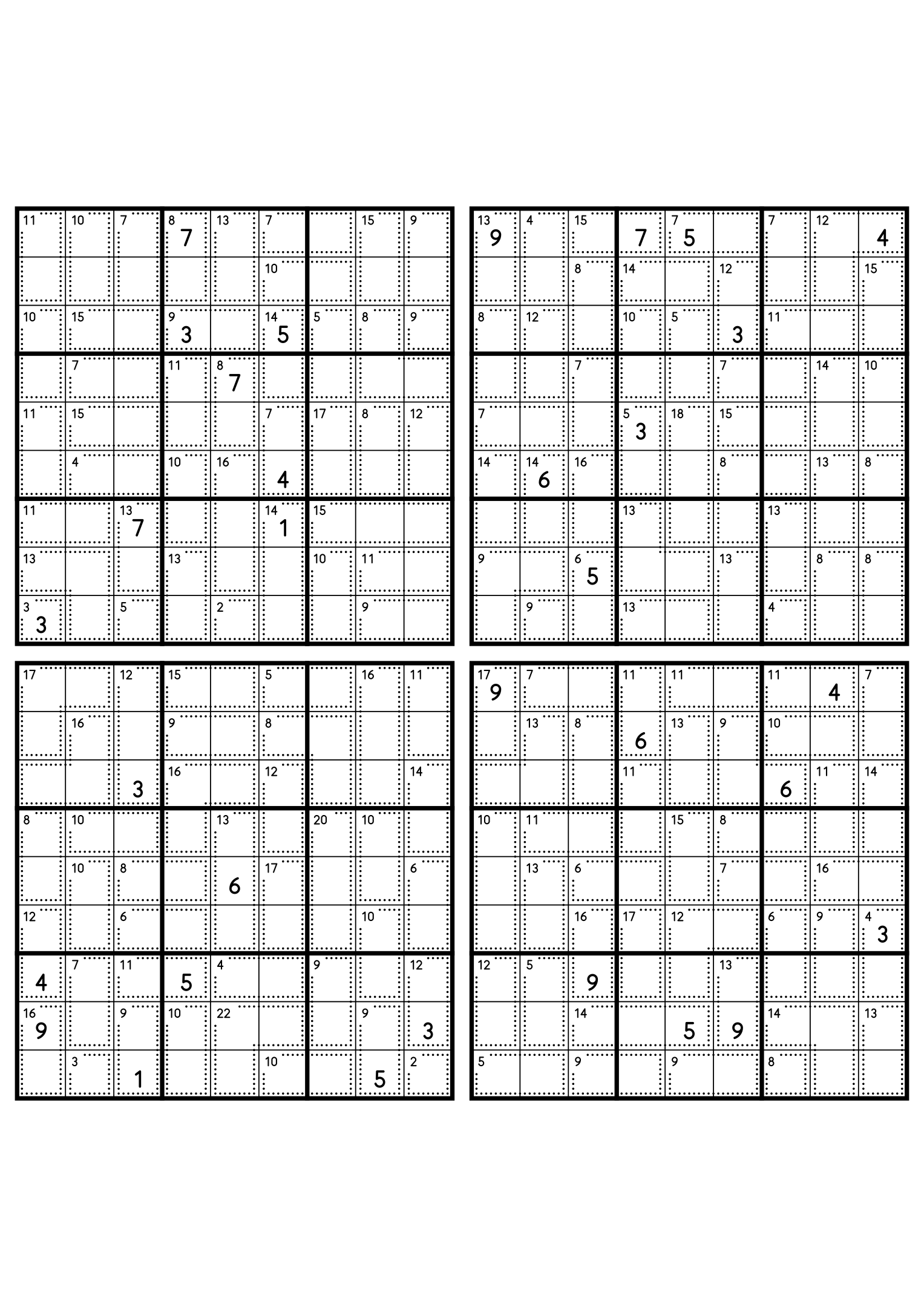 Four easy 9x9 killer sudoku grids, each with small cages and eight given digits. Level: Easy, 4 puzzles per page. Variant 8.