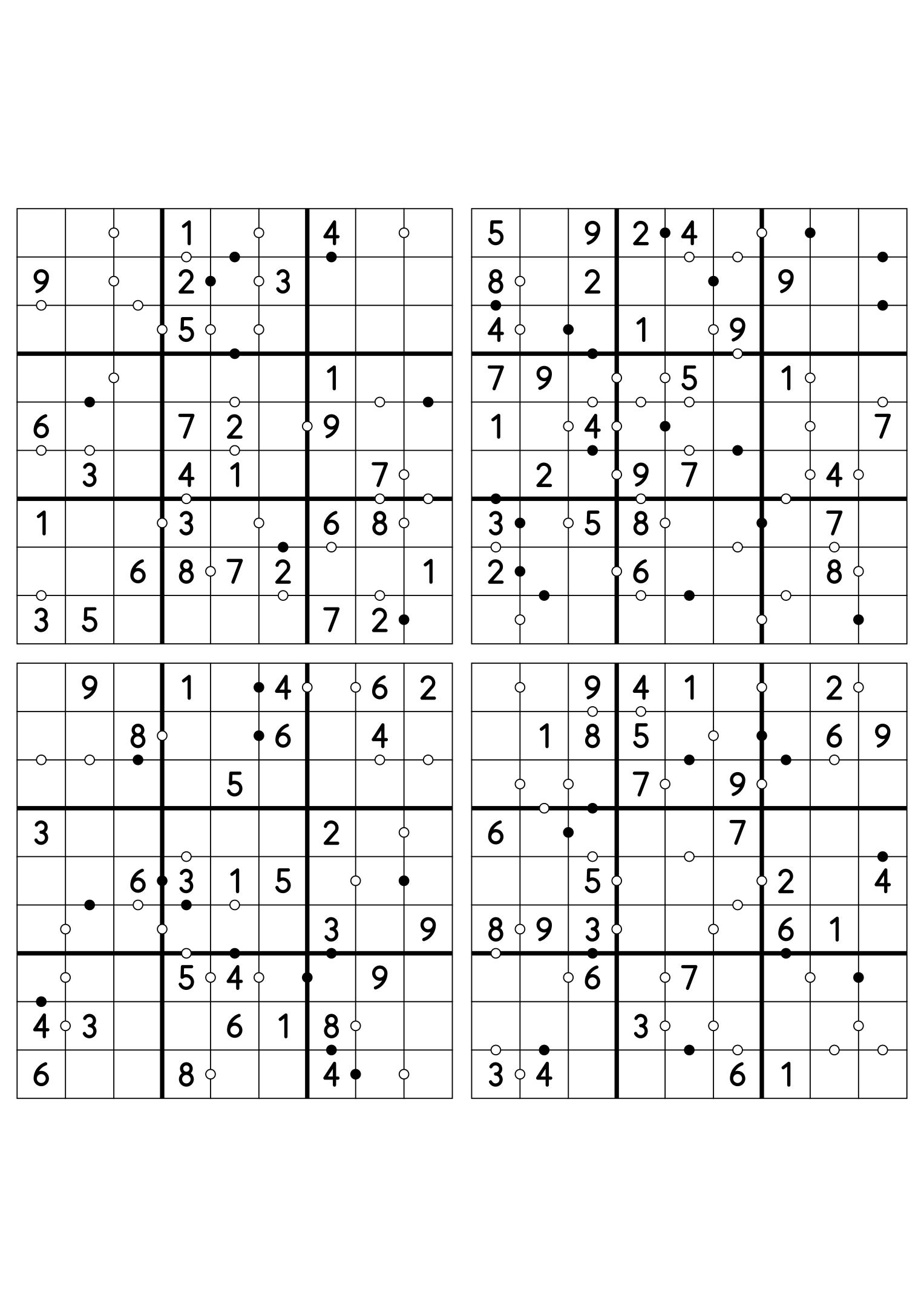Four easy 9x9 Kropki sudokus on one sheet, twenty-eight digits given in each. Variant 1.