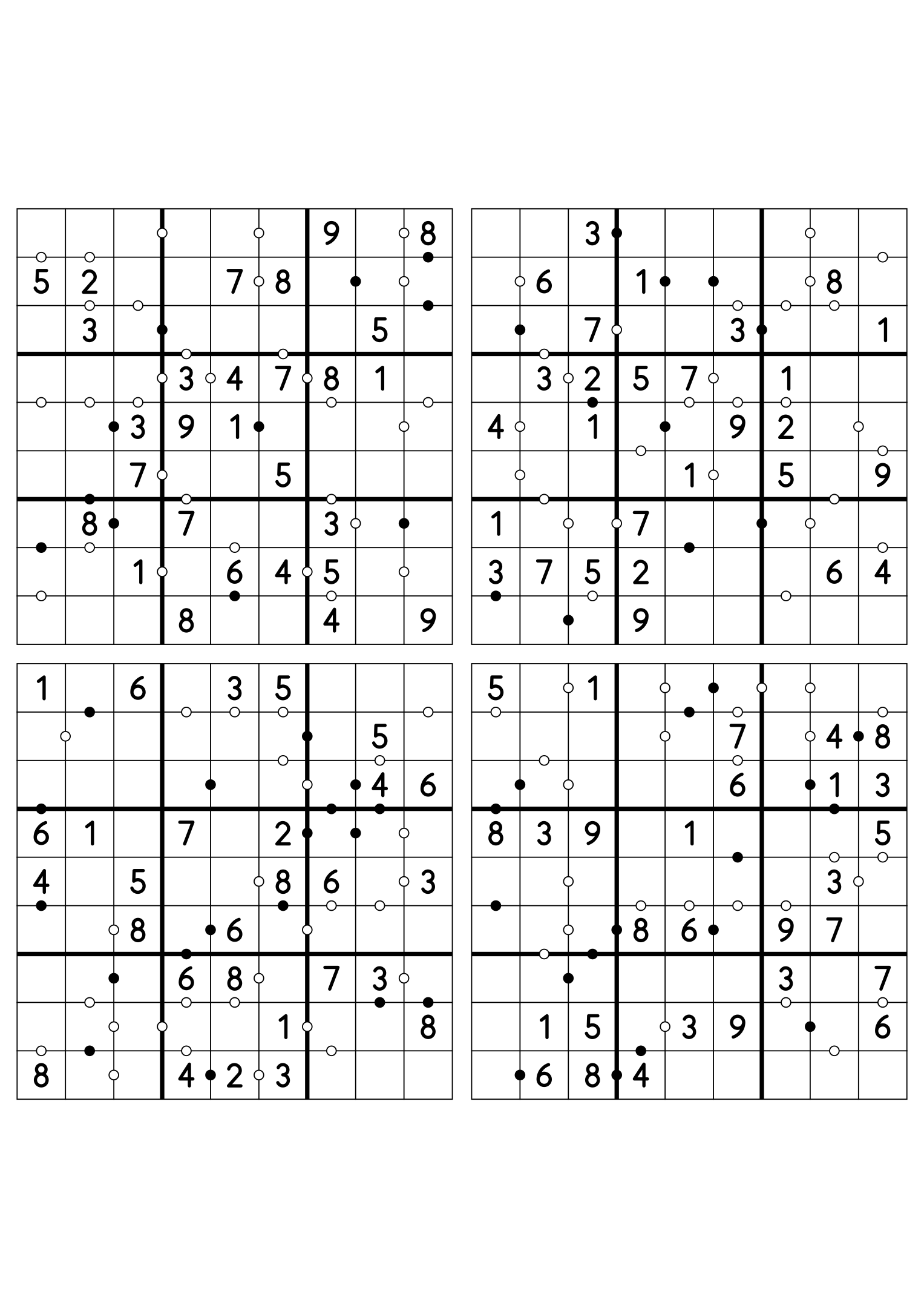 Four easy 9x9 Kropki sudokus on one sheet, twenty-eight digits given in each. Variant 2.