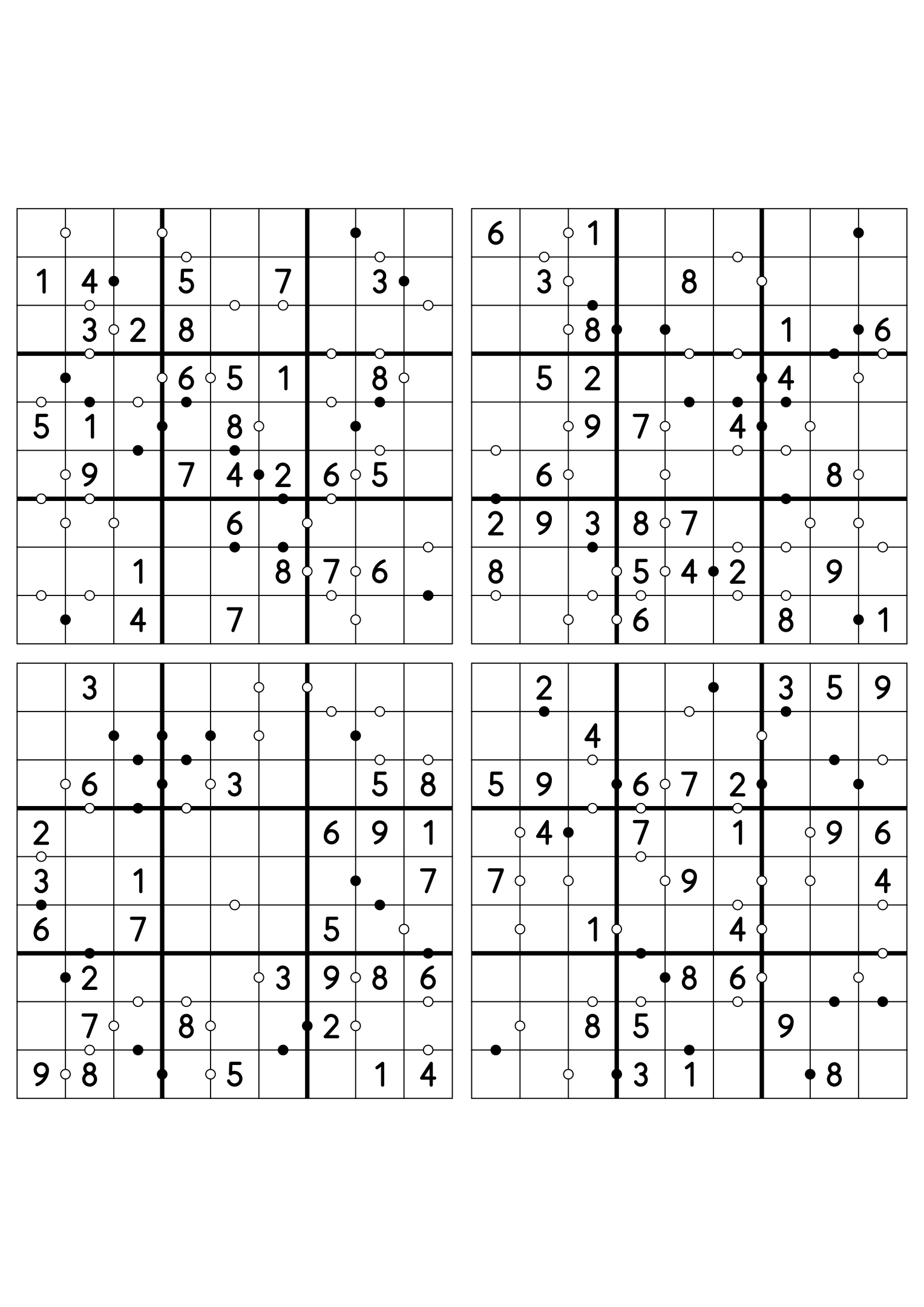 Four easy 9x9 Kropki sudokus on one sheet, twenty-eight digits given in each. Variant 3.