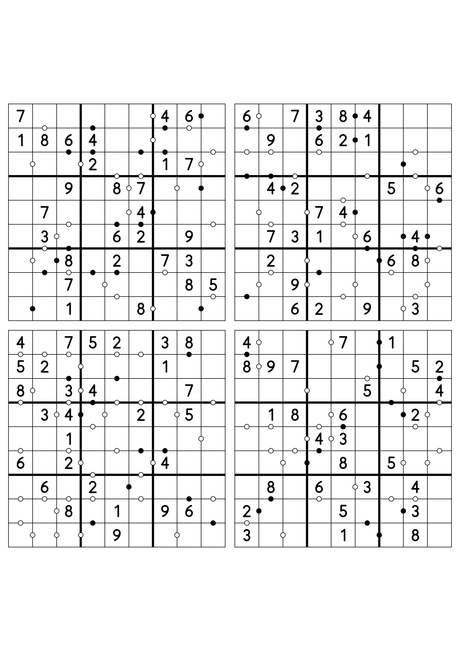 Four easy 9x9 Kropki sudokus on one sheet, twenty-eight digits given in each. Variant 4.