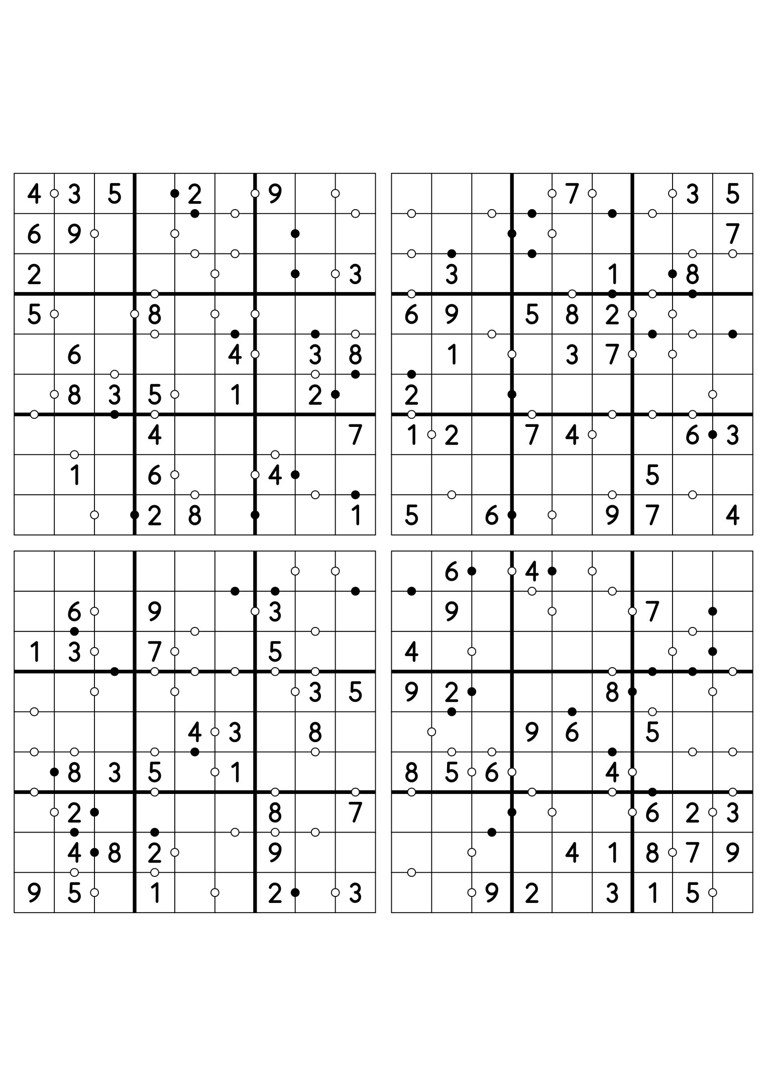 Four easy 9x9 Kropki sudokus on one sheet, twenty-eight digits given in each. Variant 5.