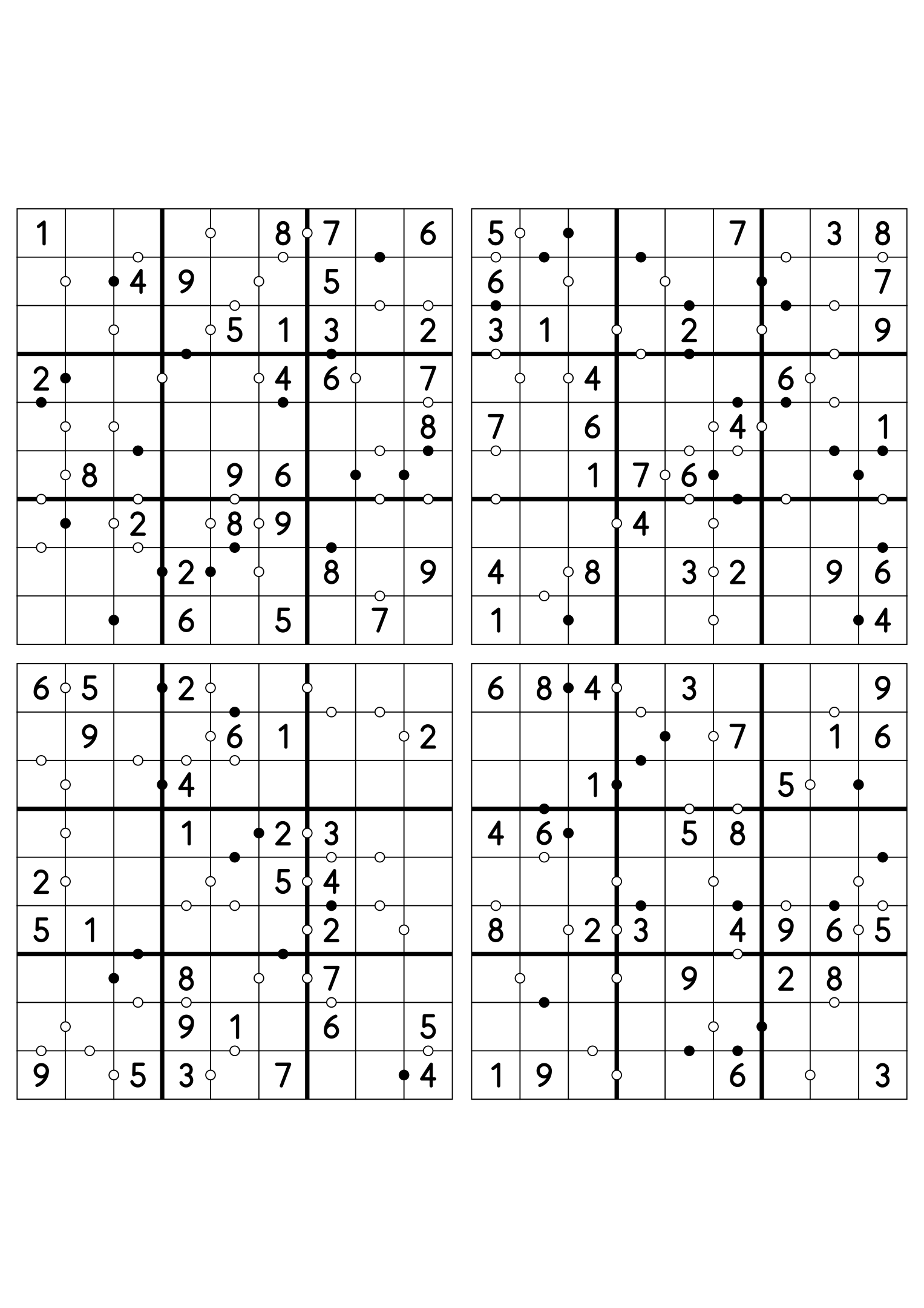 Four easy 9x9 Kropki sudokus on one sheet, twenty-eight digits given in each. Variant 6.