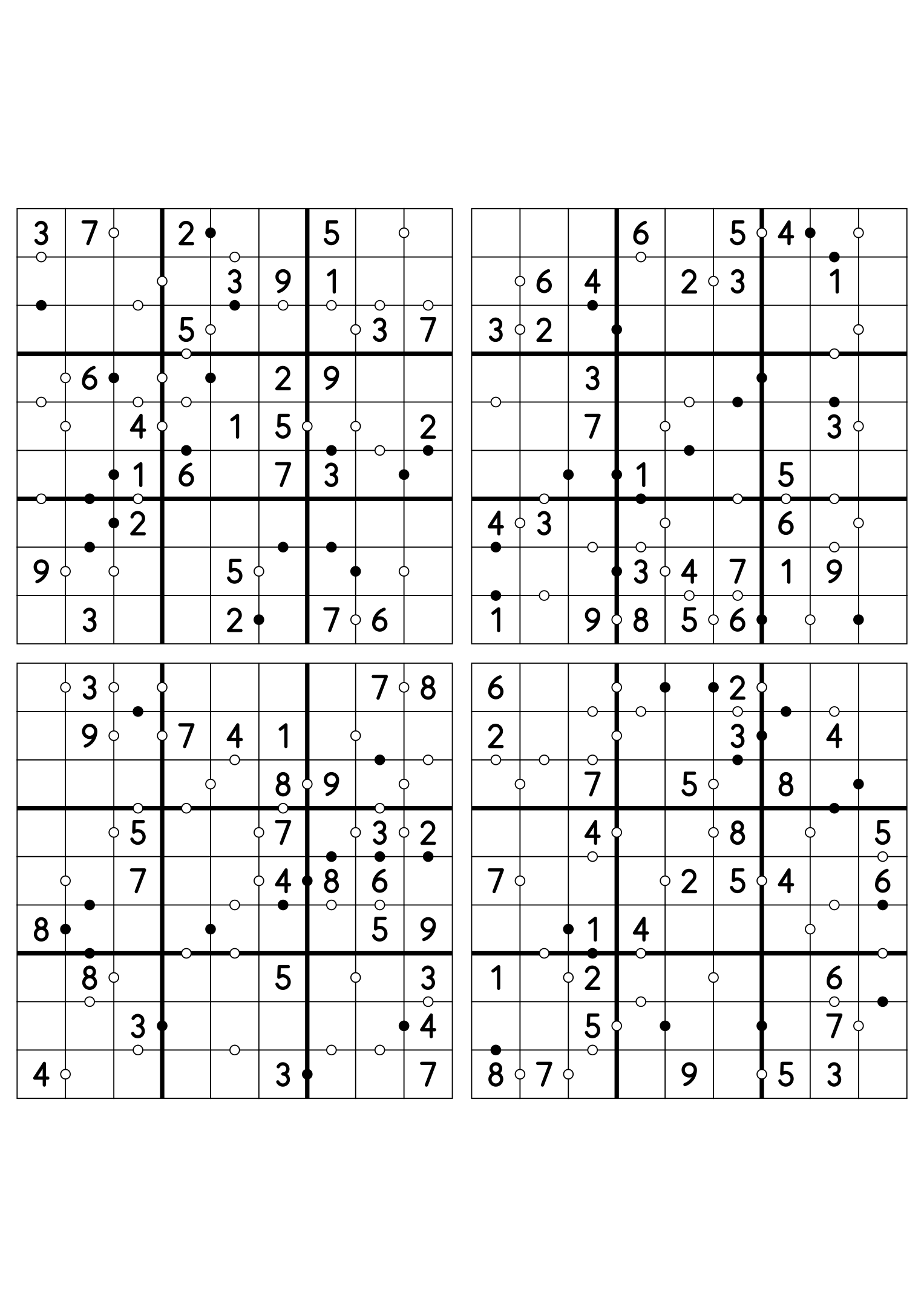 Four easy 9x9 Kropki sudokus on one sheet, twenty-eight digits given in each. Variant 7.