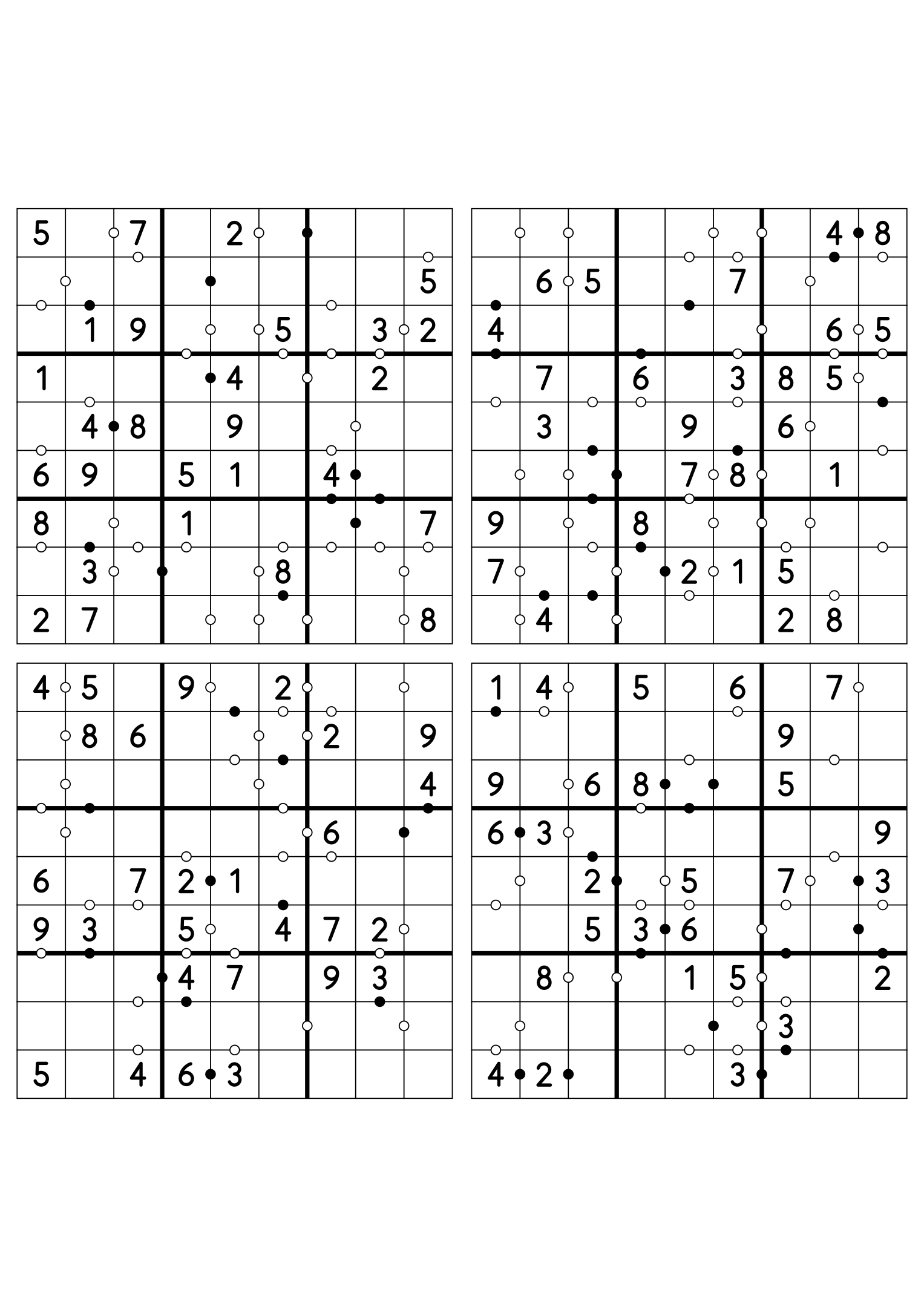 Four easy 9x9 Kropki sudokus on one sheet, twenty-eight digits given in each. Variant 8.