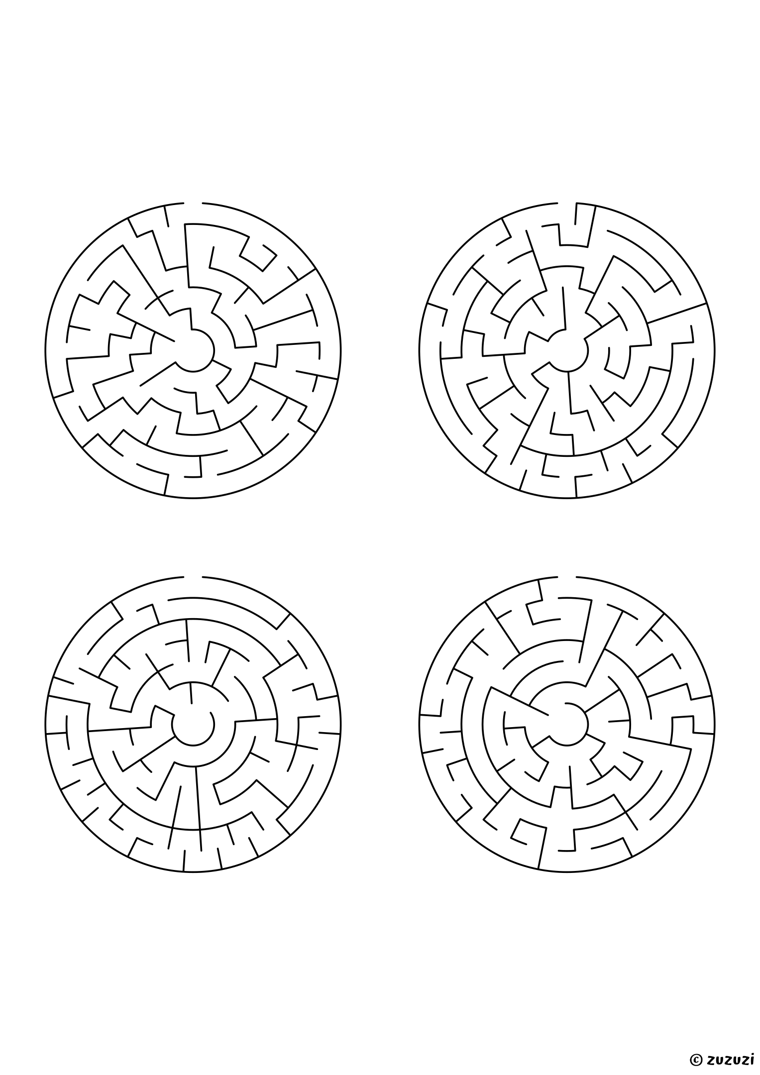 Easy circular mazes, black-and-white lines, designed for young children who enjoy light challenges. 4 mazes per page, variant 1.