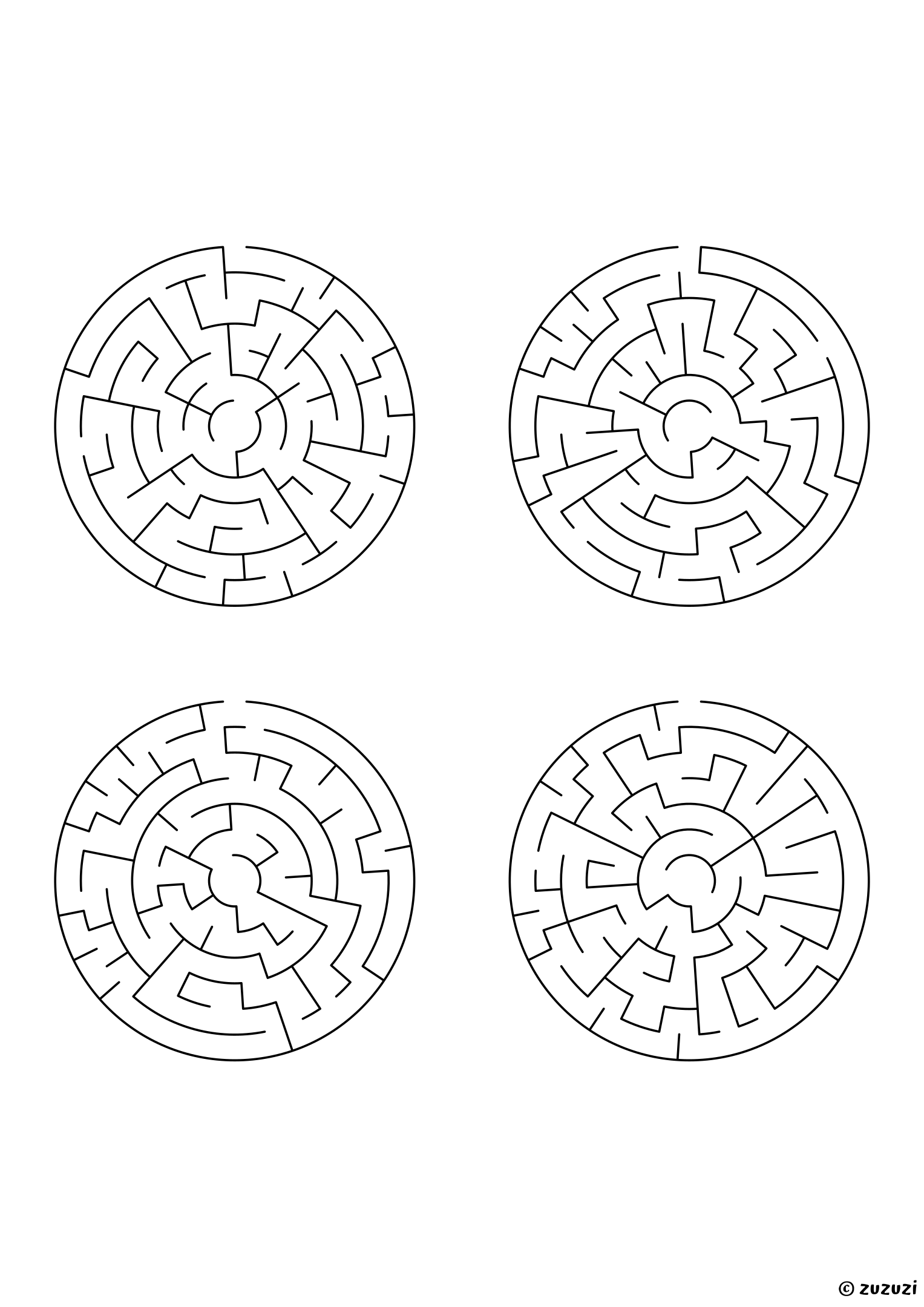 Easy circular mazes, black-and-white lines, designed for young children who enjoy light challenges. 4 mazes per page, variant 2.