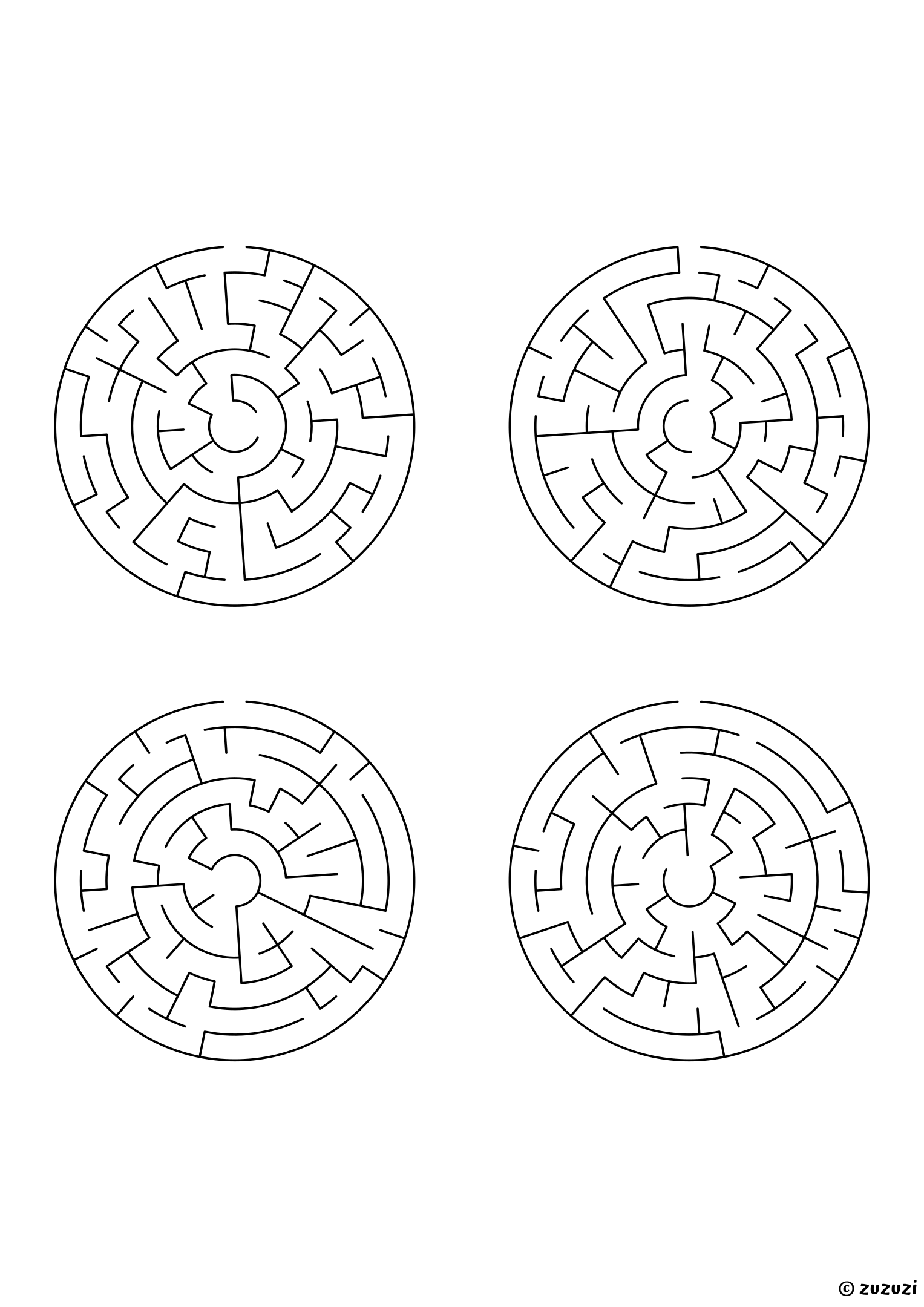 Easy circular mazes, black-and-white lines, designed for young children who enjoy light challenges. 4 mazes per page, variant 3.