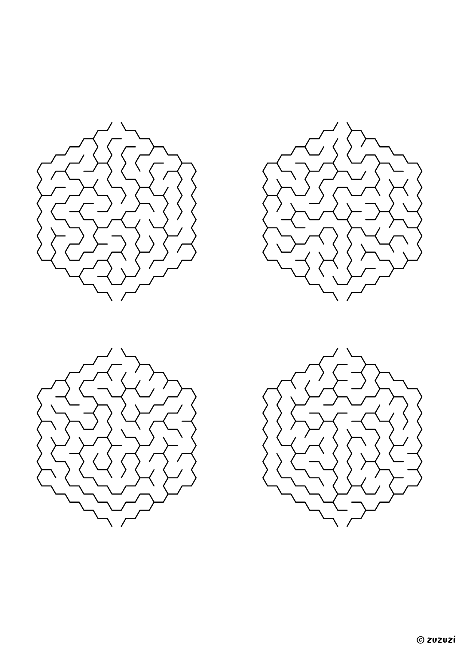 Easy hexagonal mazes made of honeycomb cells, black-and-white lines, designed for young children who enjoy light challenges. 4 mazes per page, variant 1.