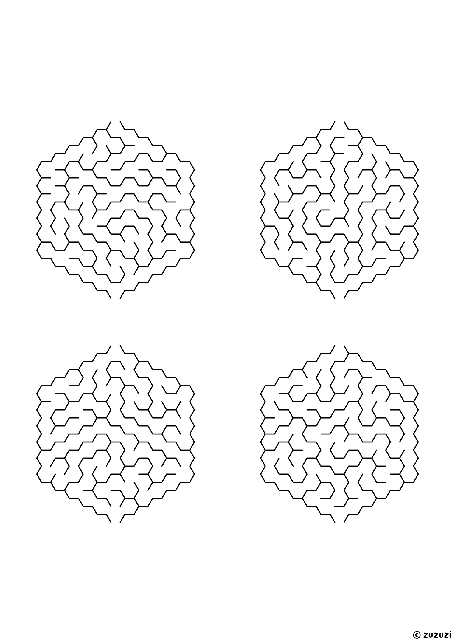 Easy hexagonal mazes made of honeycomb cells, black-and-white lines, designed for young children who enjoy light challenges. 4 mazes per page, variant 2.