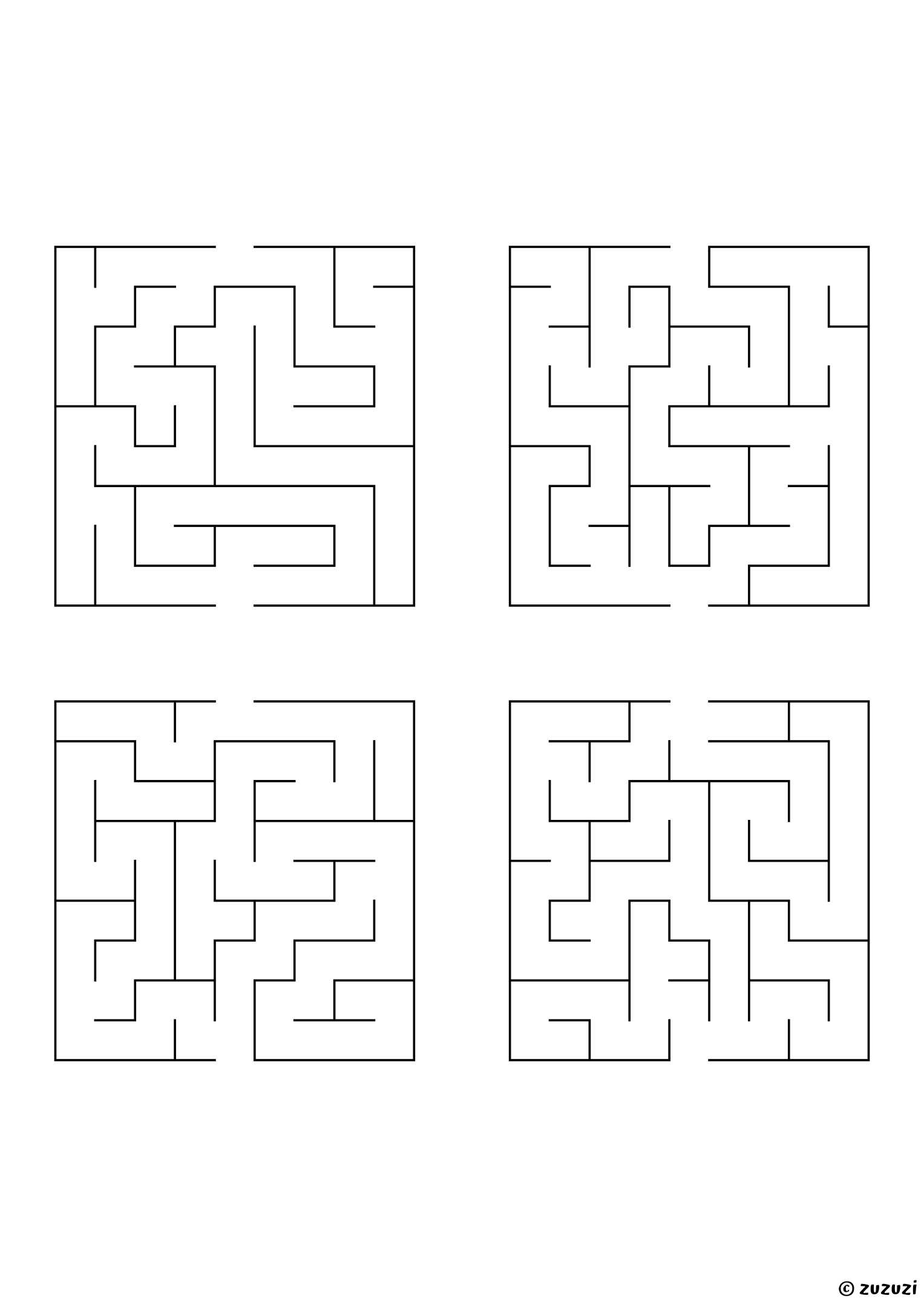 Easy rectangular mazes, black-and-white lines, designed for young children who enjoy light challenges. 4 mazes per page, variant 1.