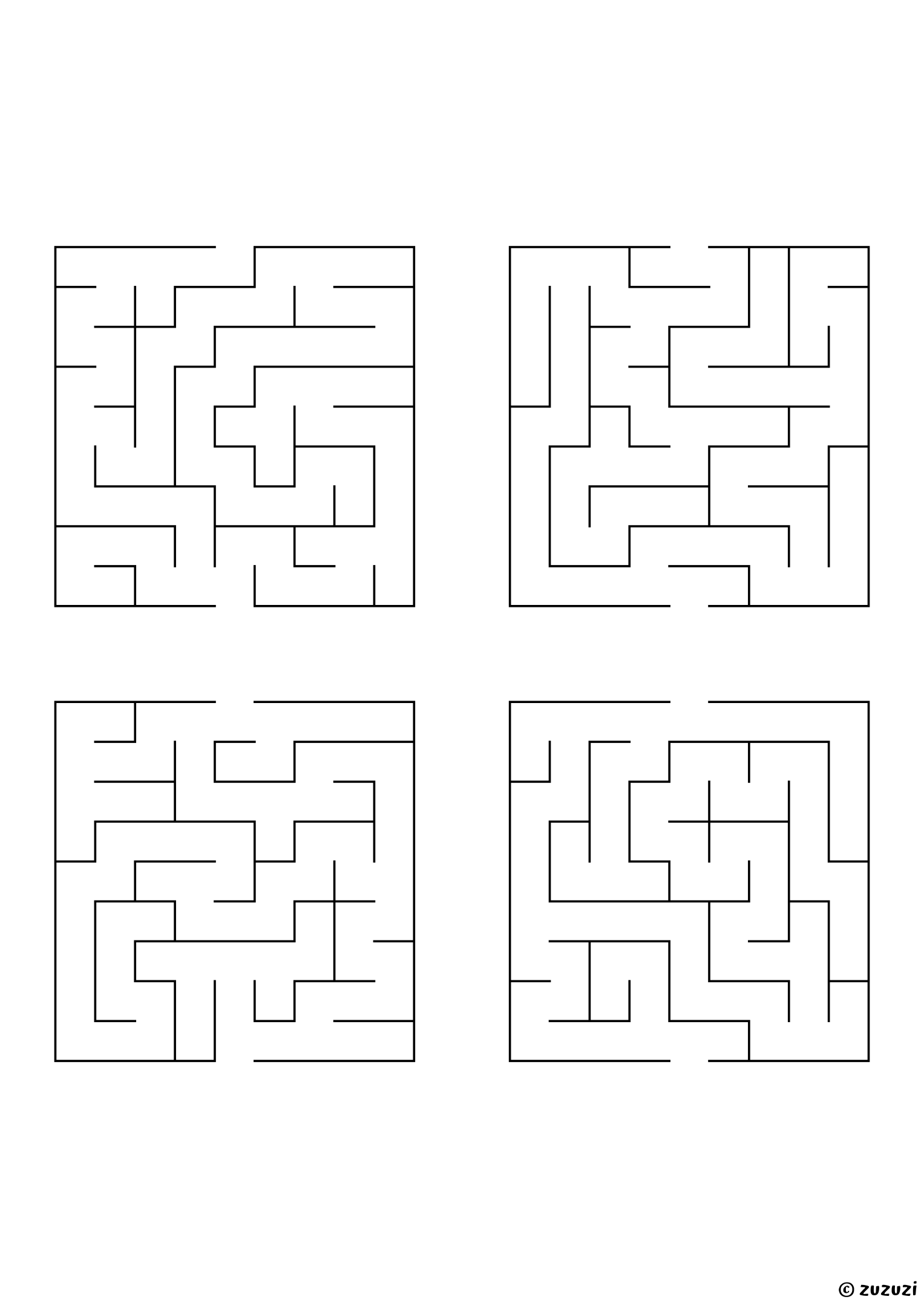 Easy rectangular mazes, black-and-white lines, designed for young children who enjoy light challenges. 4 mazes per page, variant 2.