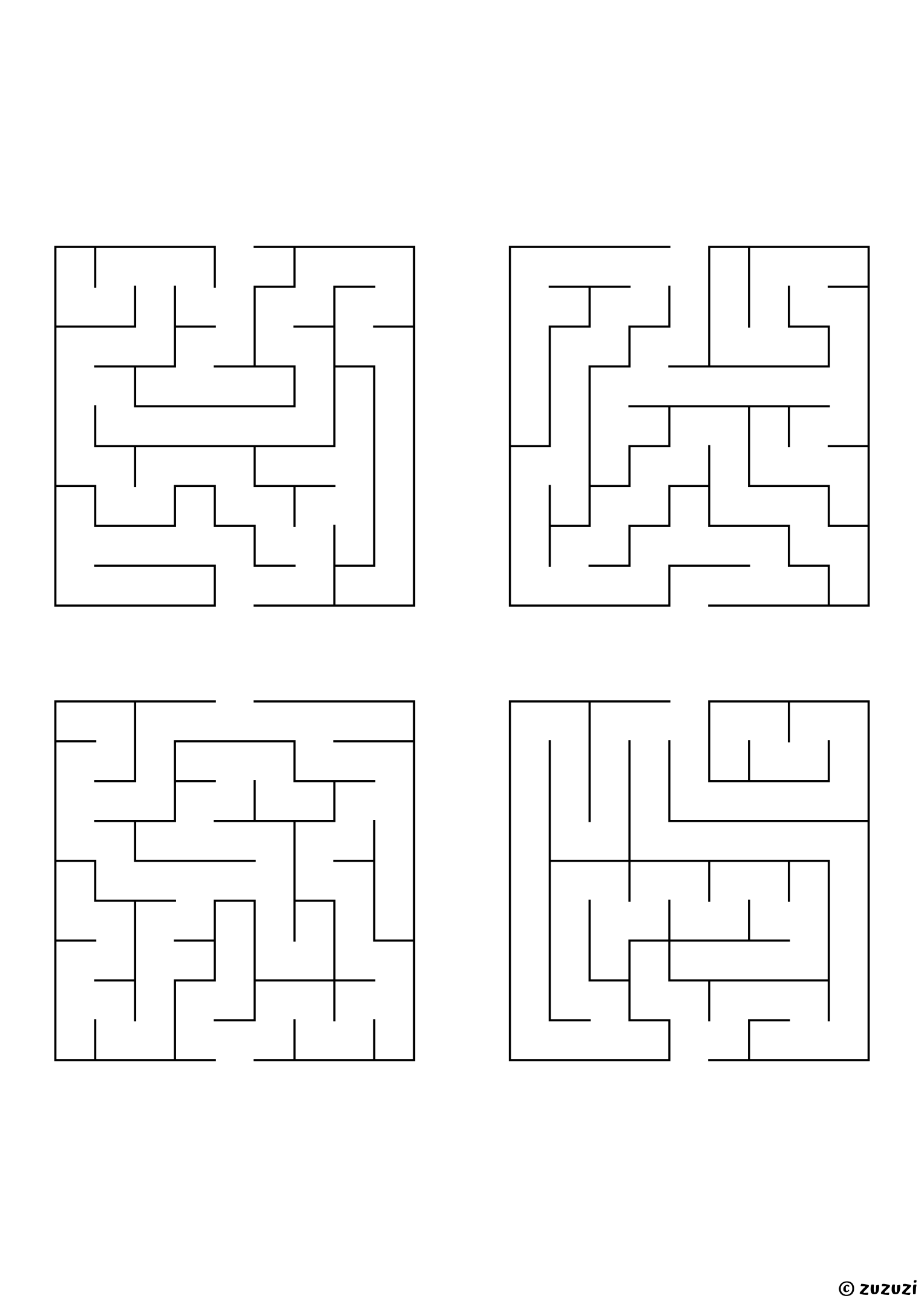 Easy rectangular mazes, black-and-white lines, designed for young children who enjoy light challenges. 4 mazes per page, variant 3.