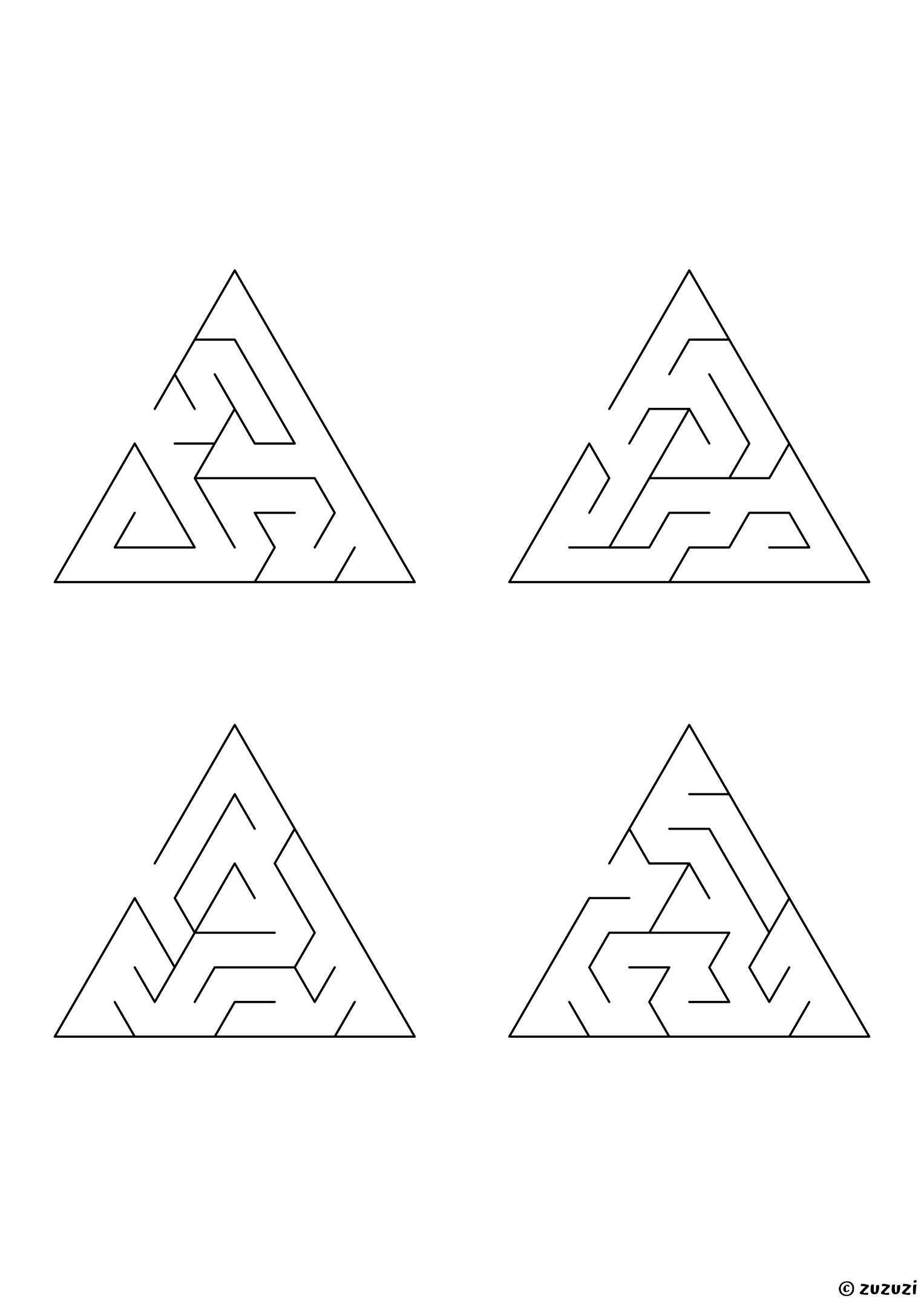 Easy triangular mazes, black-and-white lines, designed for young children who enjoy light challenges. 4 mazes per page, variant 1.