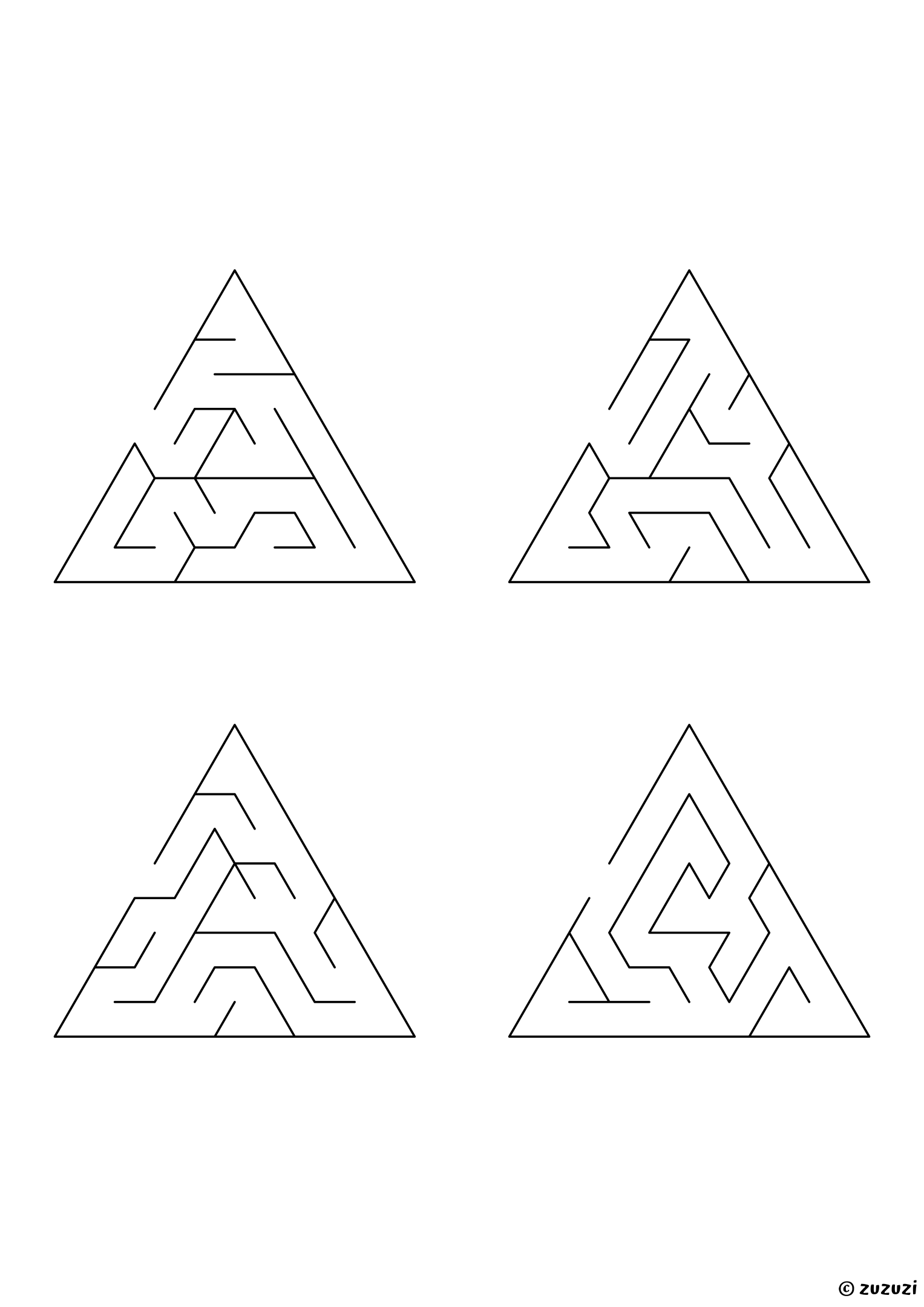 Easy triangular mazes, black-and-white lines, designed for young children who enjoy light challenges. 4 mazes per page, variant 2.