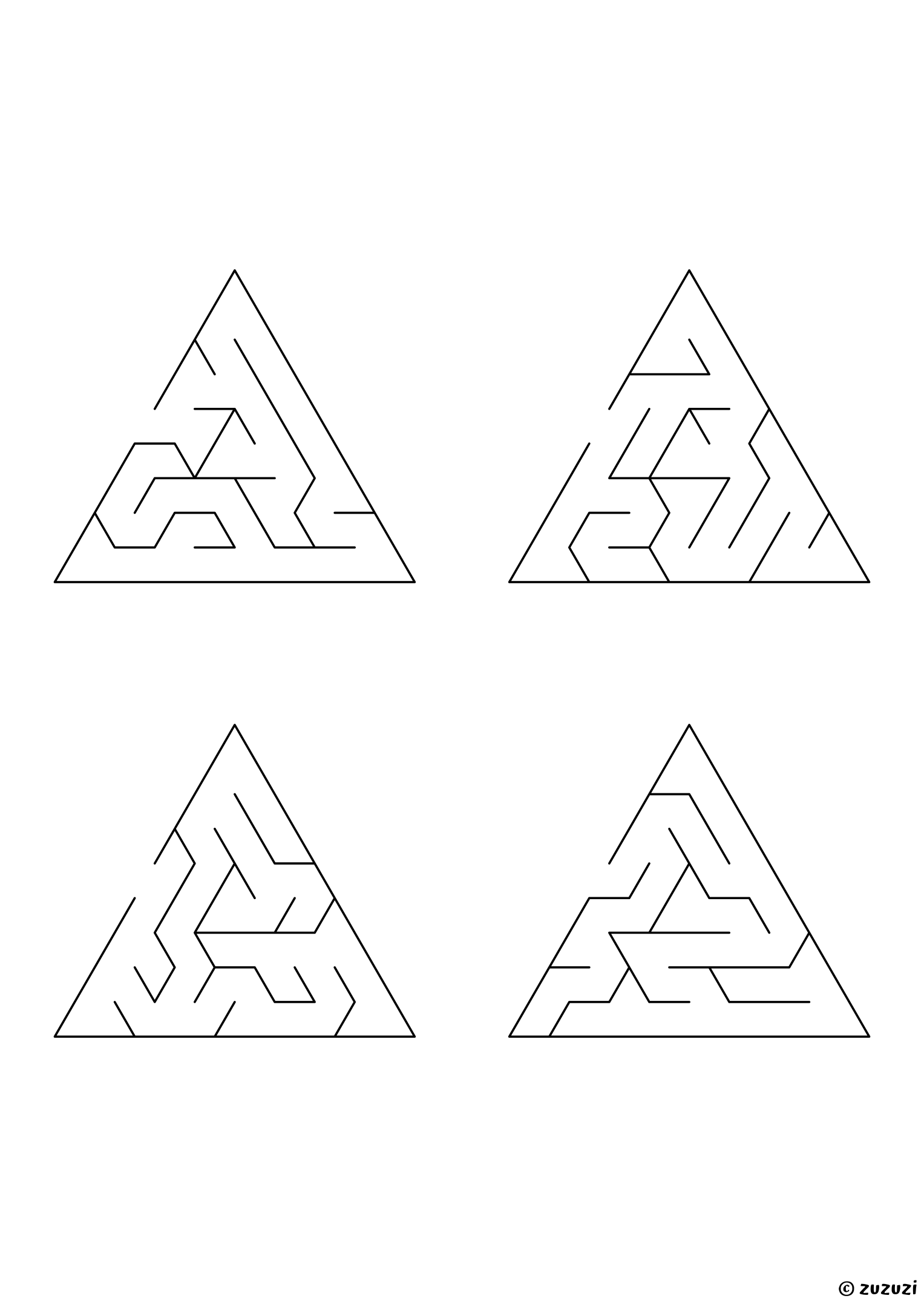 Easy triangular mazes, black-and-white lines, designed for young children who enjoy light challenges. 4 mazes per page, variant 3.