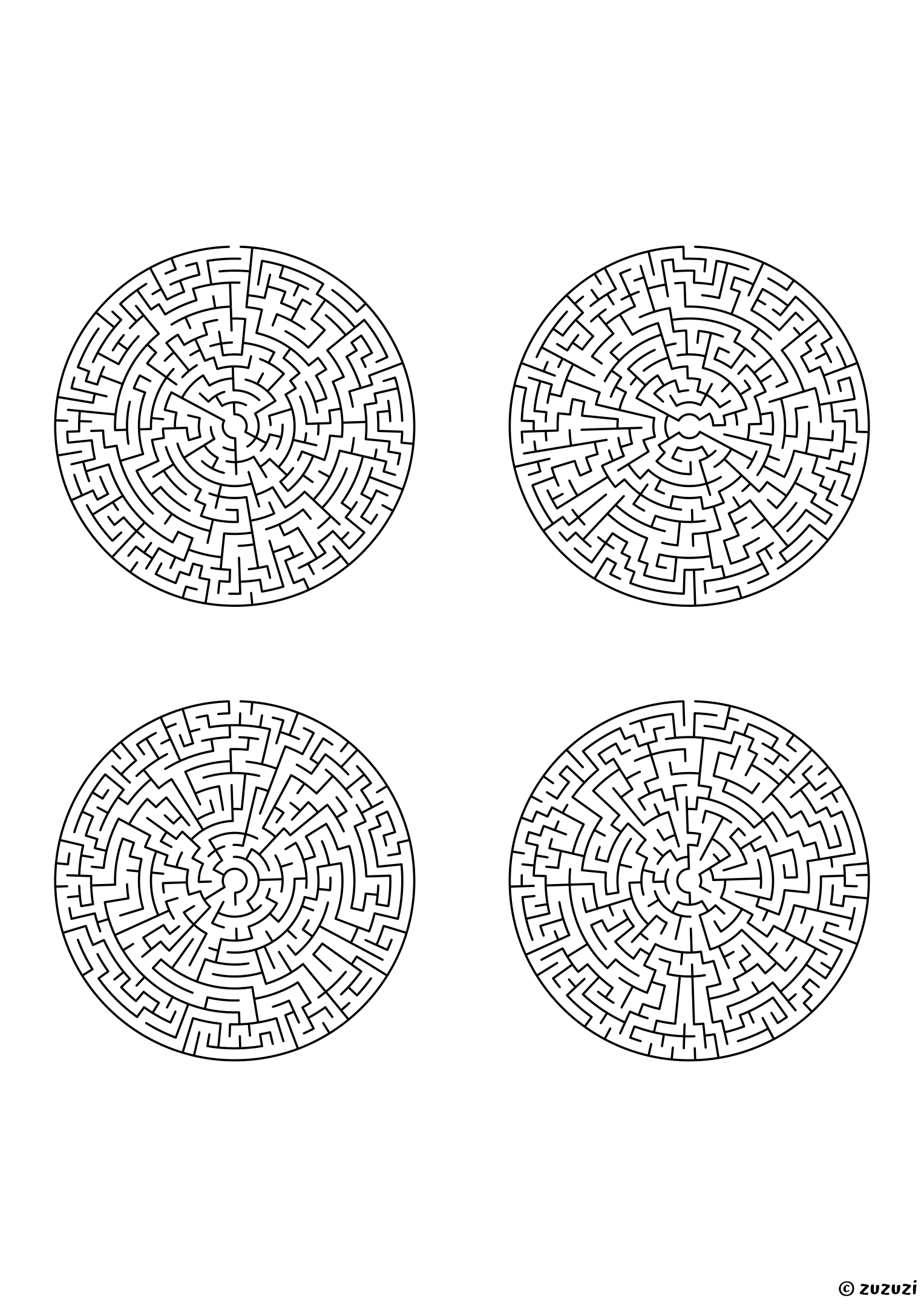 Extreme circular mazes, black-and-white lines, designed for kids who love serious challenges. 4 mazes per page, variant 1.