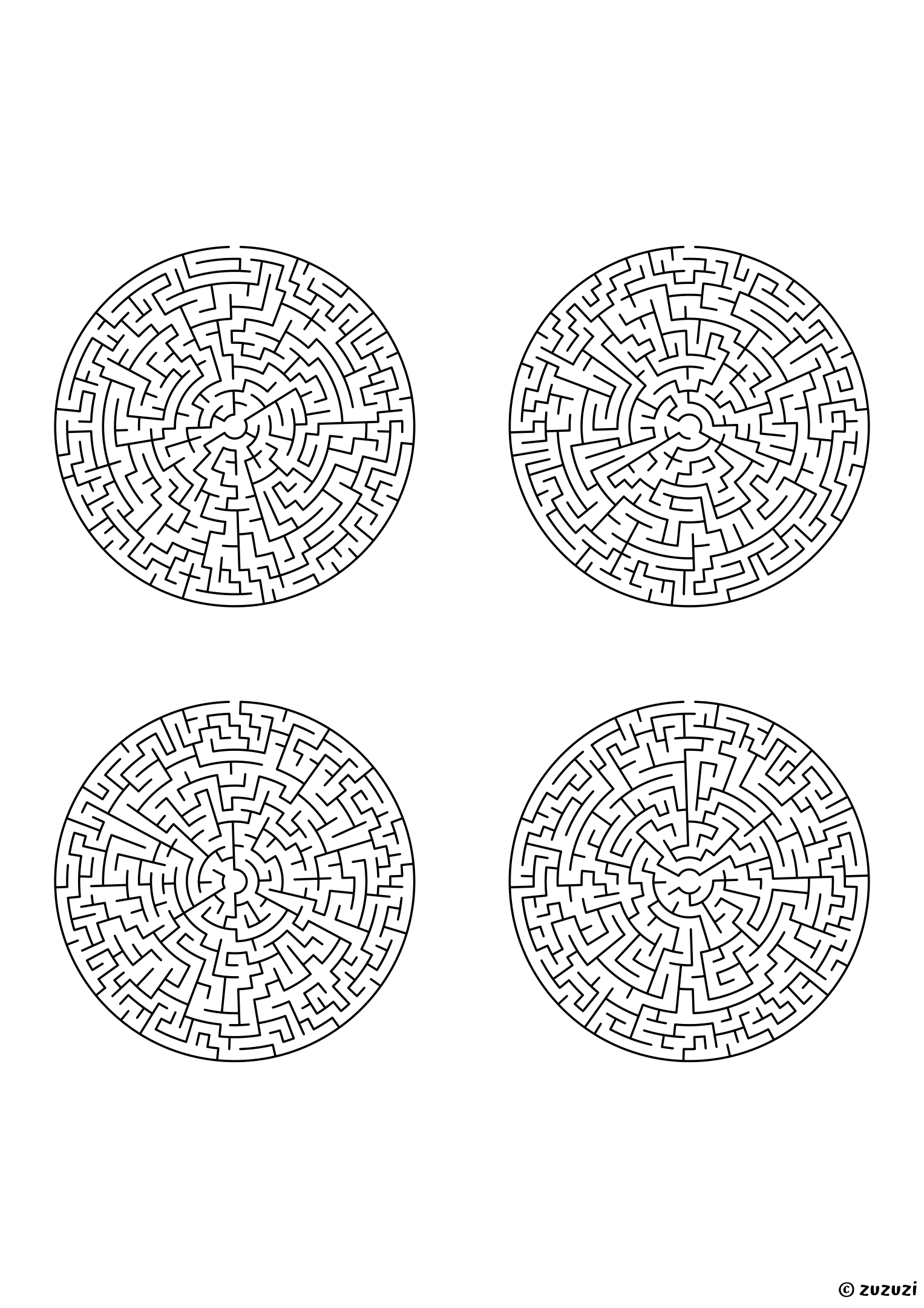 Extreme circular mazes, black-and-white lines, designed for kids who love serious challenges. 4 mazes per page, variant 2.