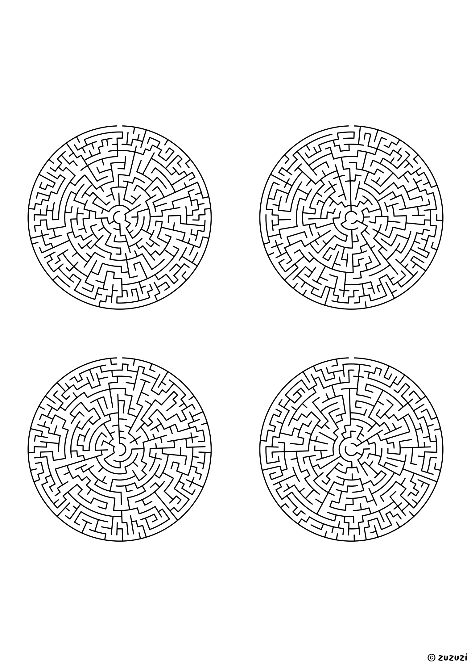 Extreme circular mazes, black-and-white lines, designed for kids who love serious challenges. 4 mazes per page, variant 3.
