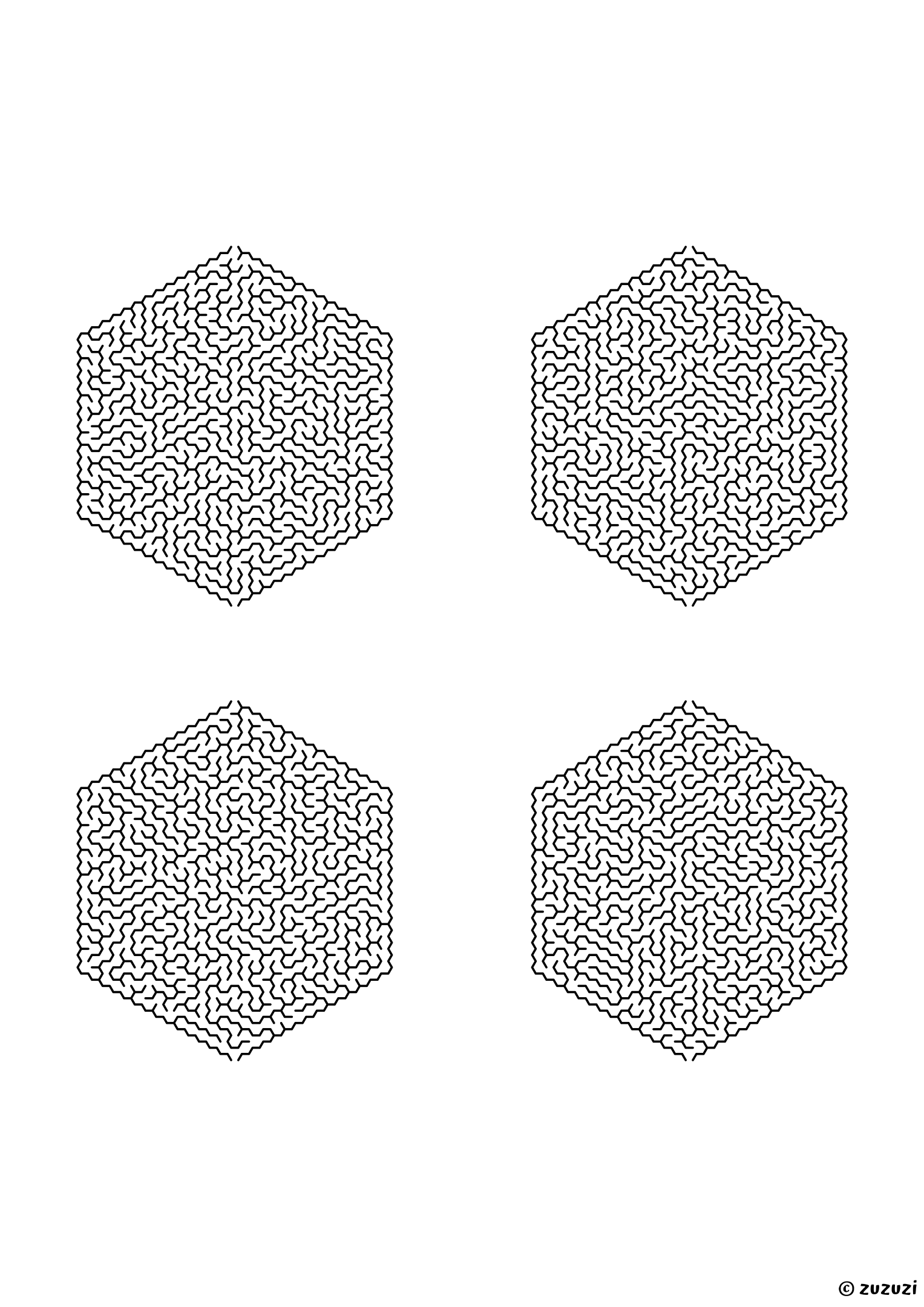 Extreme hexagonal mazes made of honeycomb cells, black-and-white lines, designed for kids who love serious challenges. 4 mazes per page, variant 1.