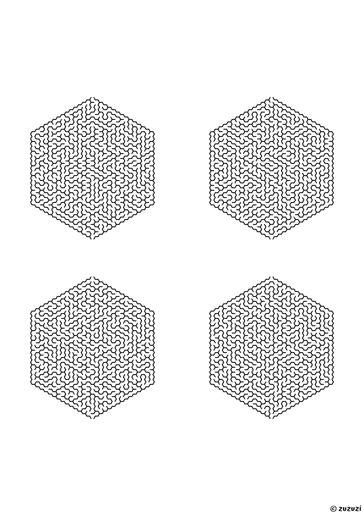 Extreme hexagonal mazes made of honeycomb cells, black-and-white lines, designed for kids who love serious challenges. 4 mazes per page, variant 3.