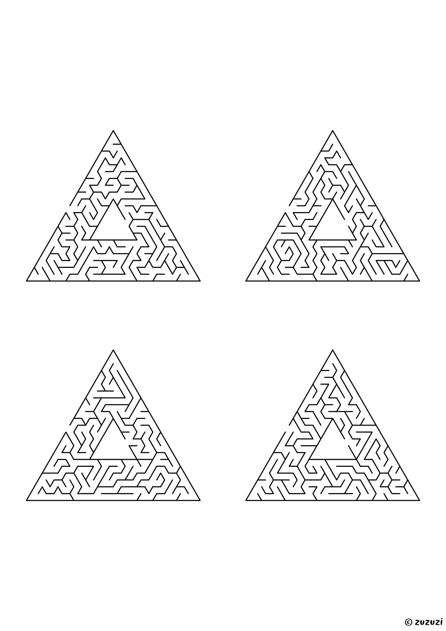 Extreme triangular mazes, black-and-white lines, designed for kids who love serious challenges. 4 mazes per page, variant 1.