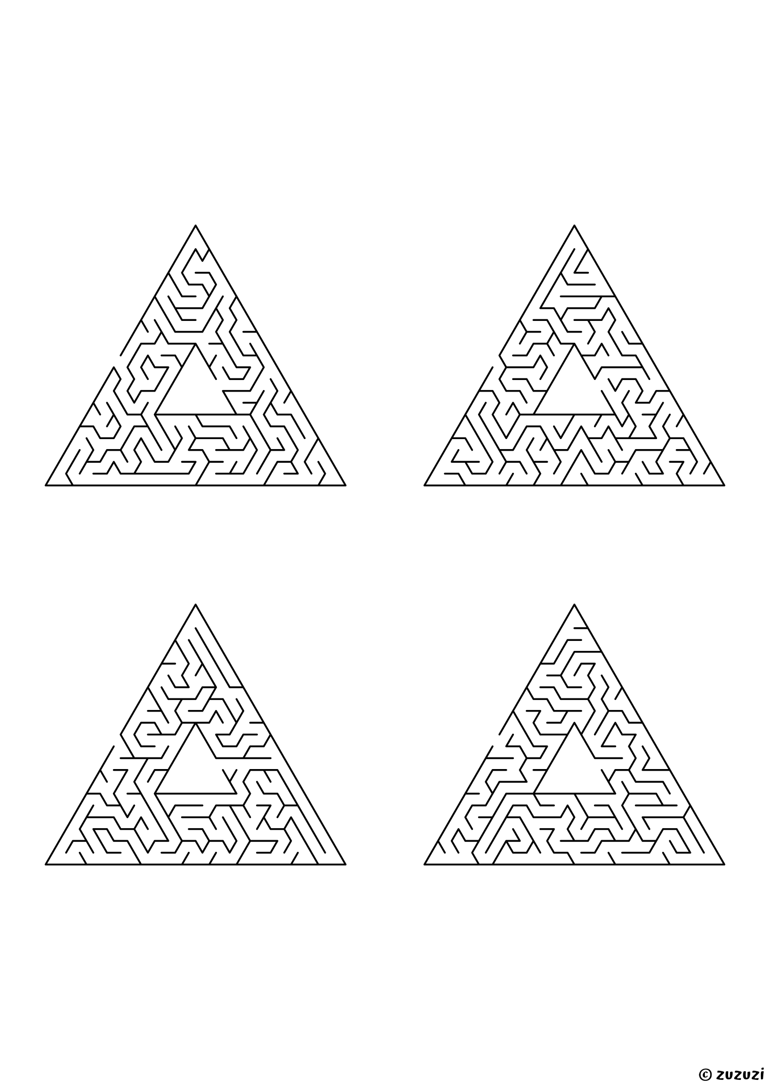 Extreme triangular mazes, black-and-white lines, designed for kids who love serious challenges. 4 mazes per page, variant 2.