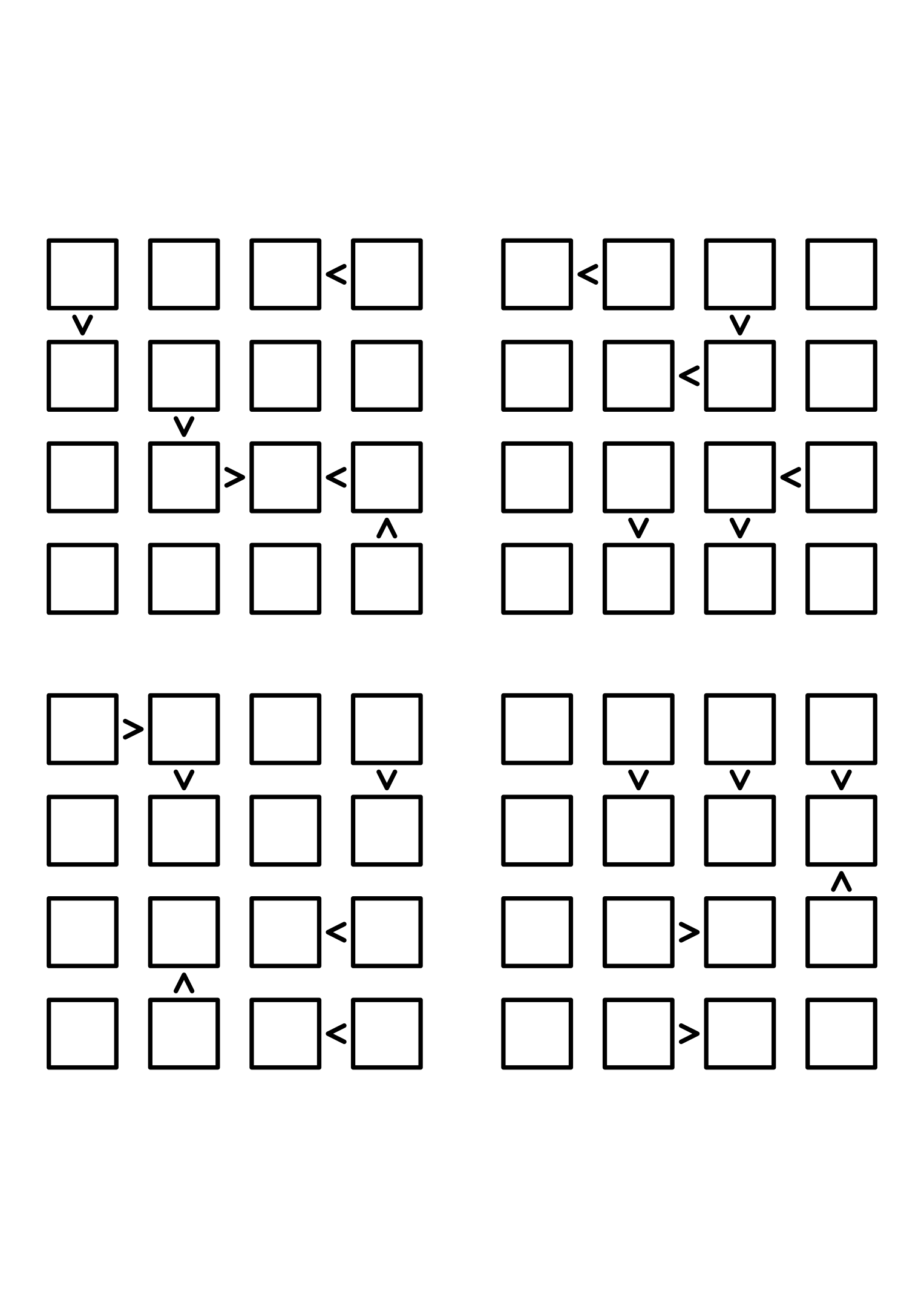 Four hard 4x4 futoshiki grids with inequality signs only, no given digit. Level: Hard, 4 puzzles per page. Variant 1.