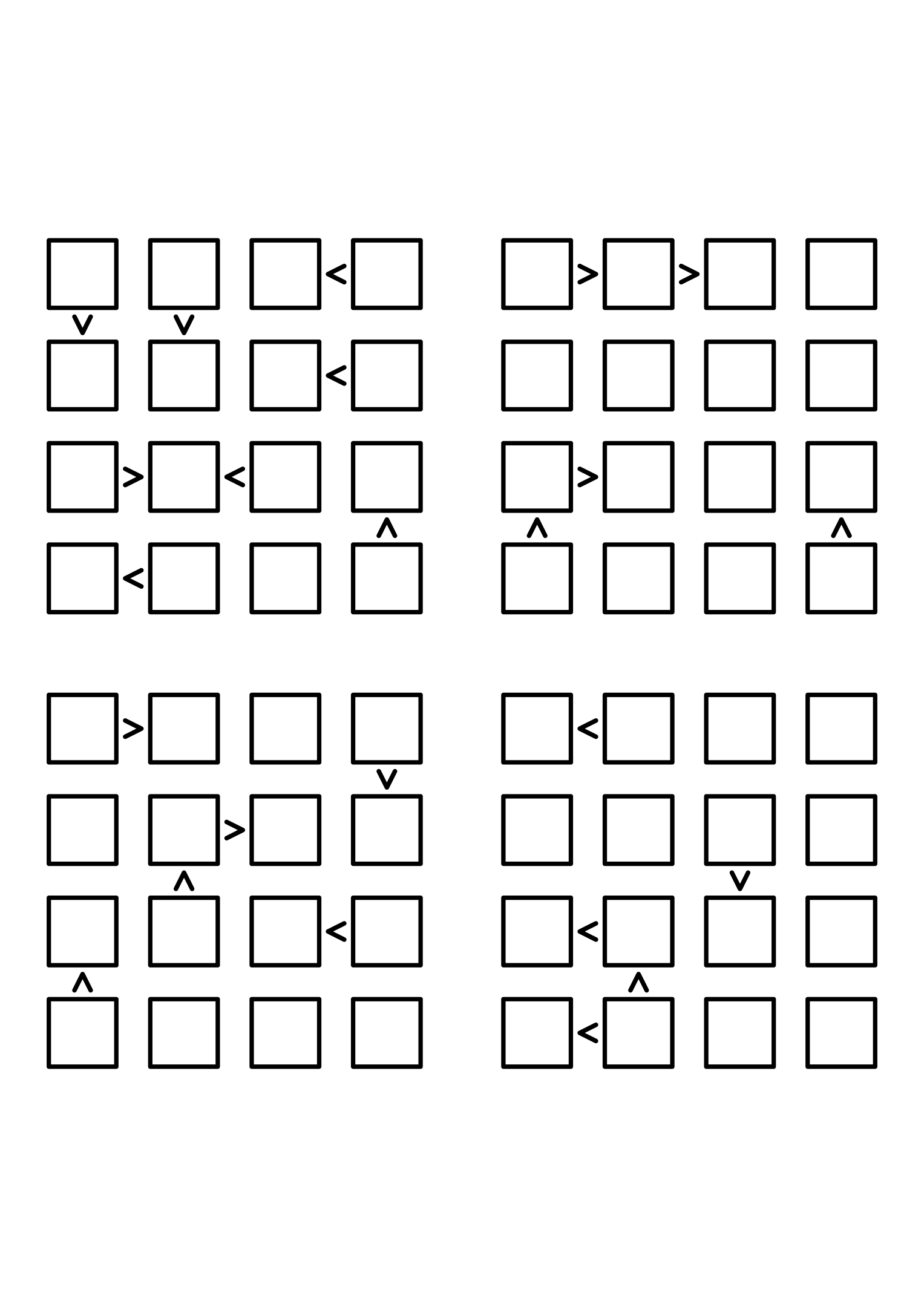 Four hard 4x4 futoshiki grids with inequality signs only, no given digit. Level: Hard, 4 puzzles per page. Variant 2.
