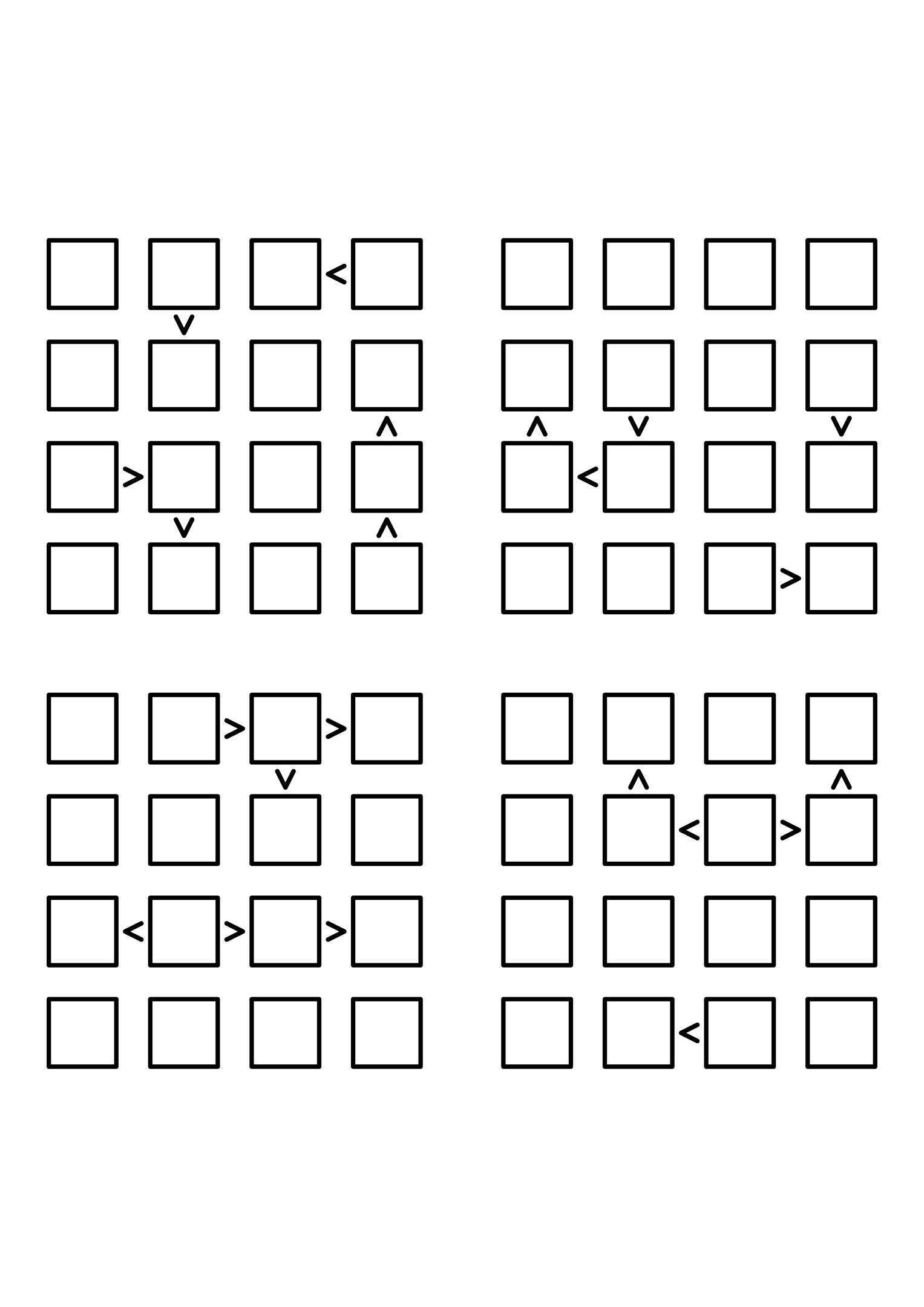Four hard 4x4 futoshiki grids with inequality signs only, no given digit. Level: Hard, 4 puzzles per page. Variant 3.