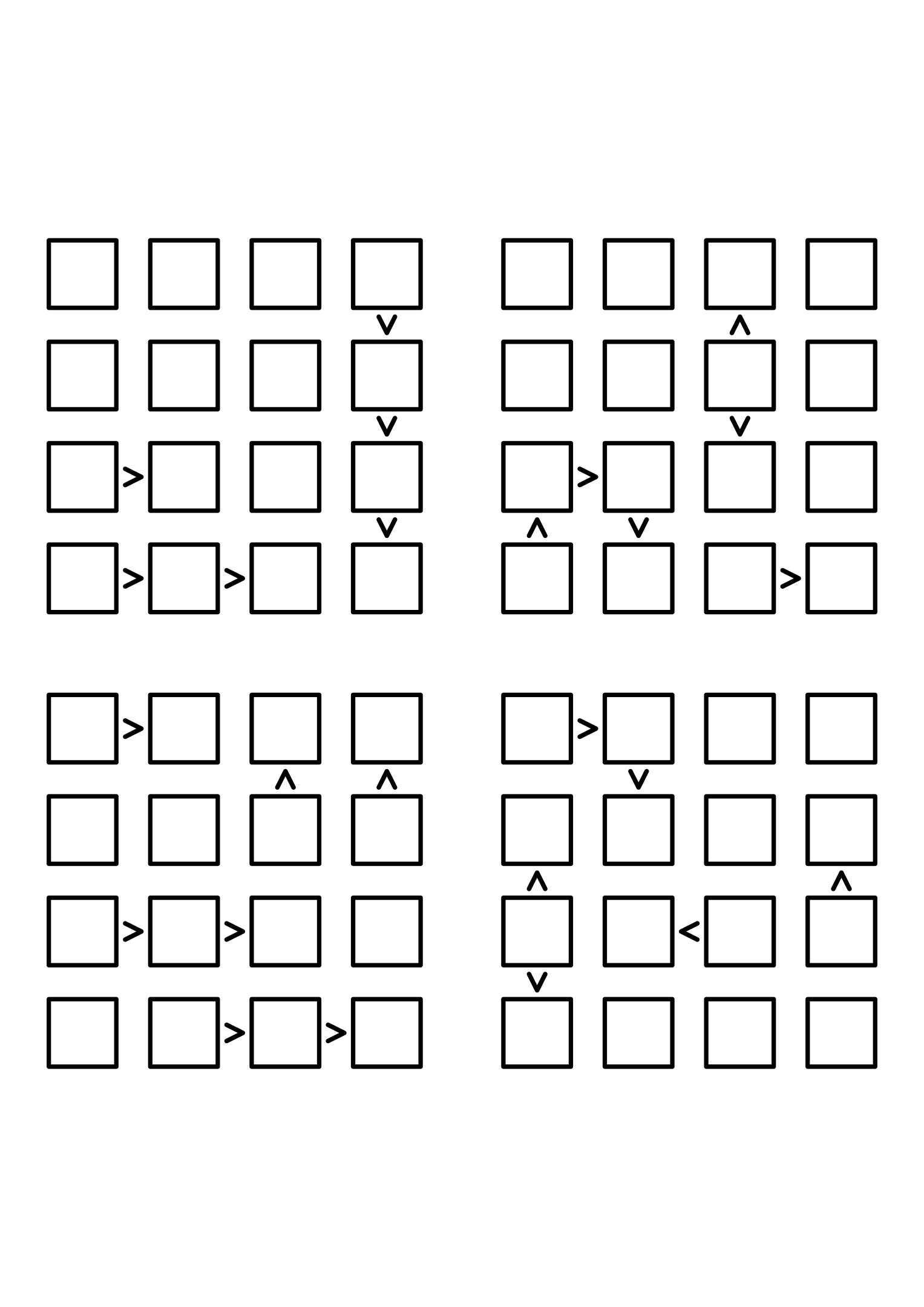 Four hard 4x4 futoshiki grids with inequality signs only, no given digit. Level: Hard, 4 puzzles per page. Variant 4.