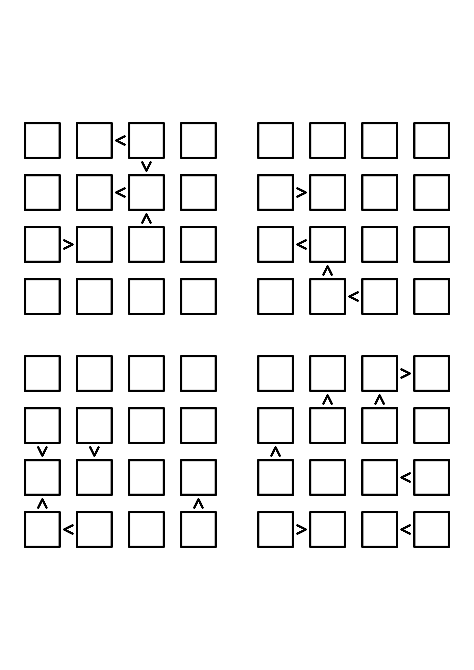 Four hard 4x4 futoshiki grids with inequality signs only, no given digit. Level: Hard, 4 puzzles per page. Variant 5.