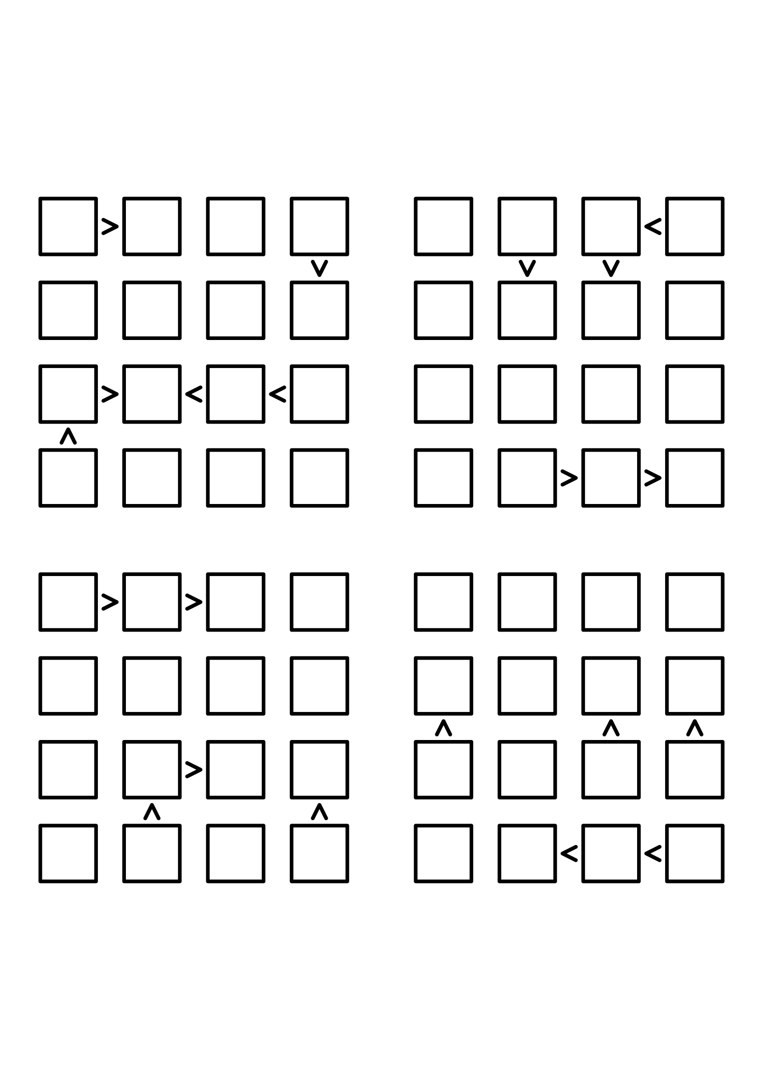 Four hard 4x4 futoshiki grids with inequality signs only, no given digit. Level: Hard, 4 puzzles per page. Variant 6.