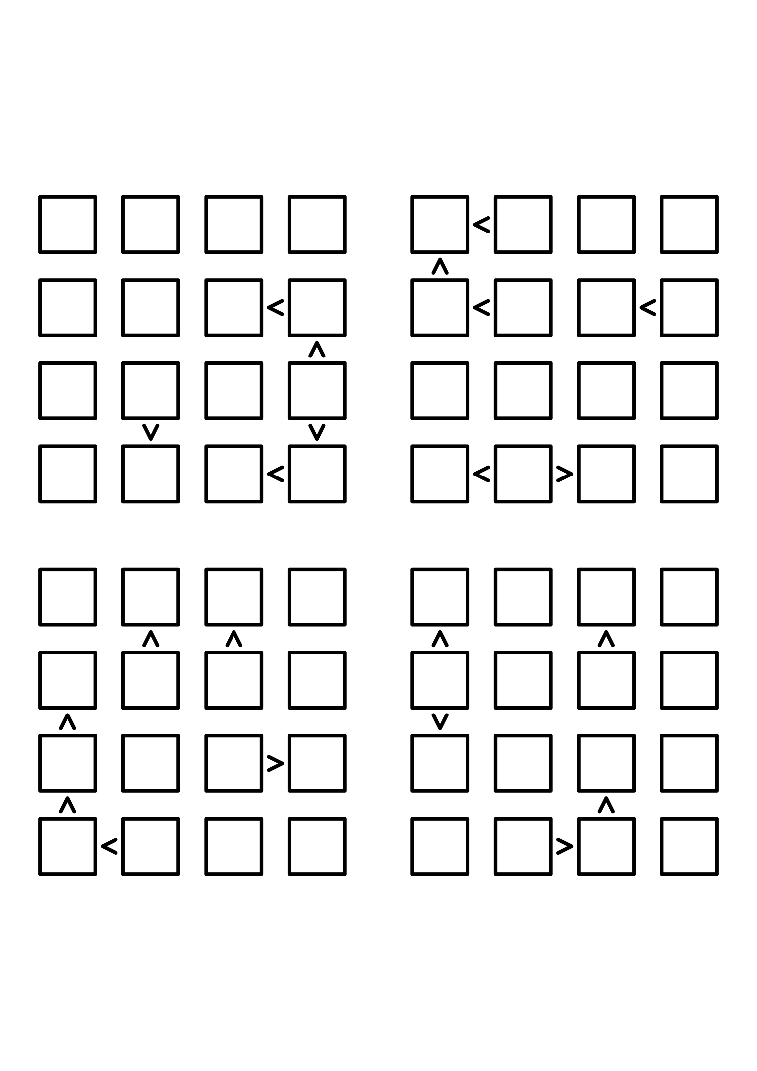 Four hard 4x4 futoshiki grids with inequality signs only, no given digit. Level: Hard, 4 puzzles per page. Variant 7.