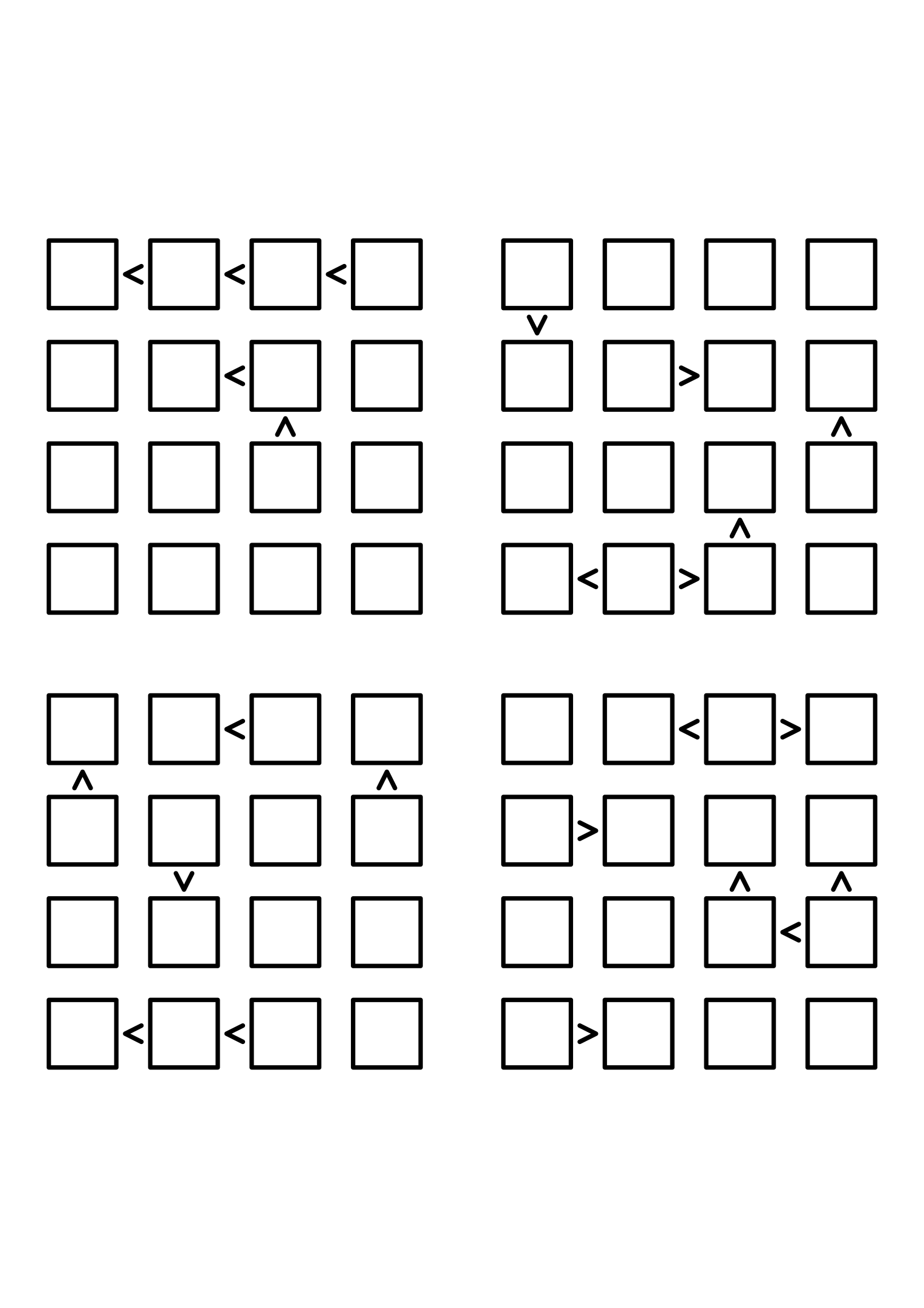Four hard 4x4 futoshiki grids with inequality signs only, no given digit. Level: Hard, 4 puzzles per page. Variant 8.