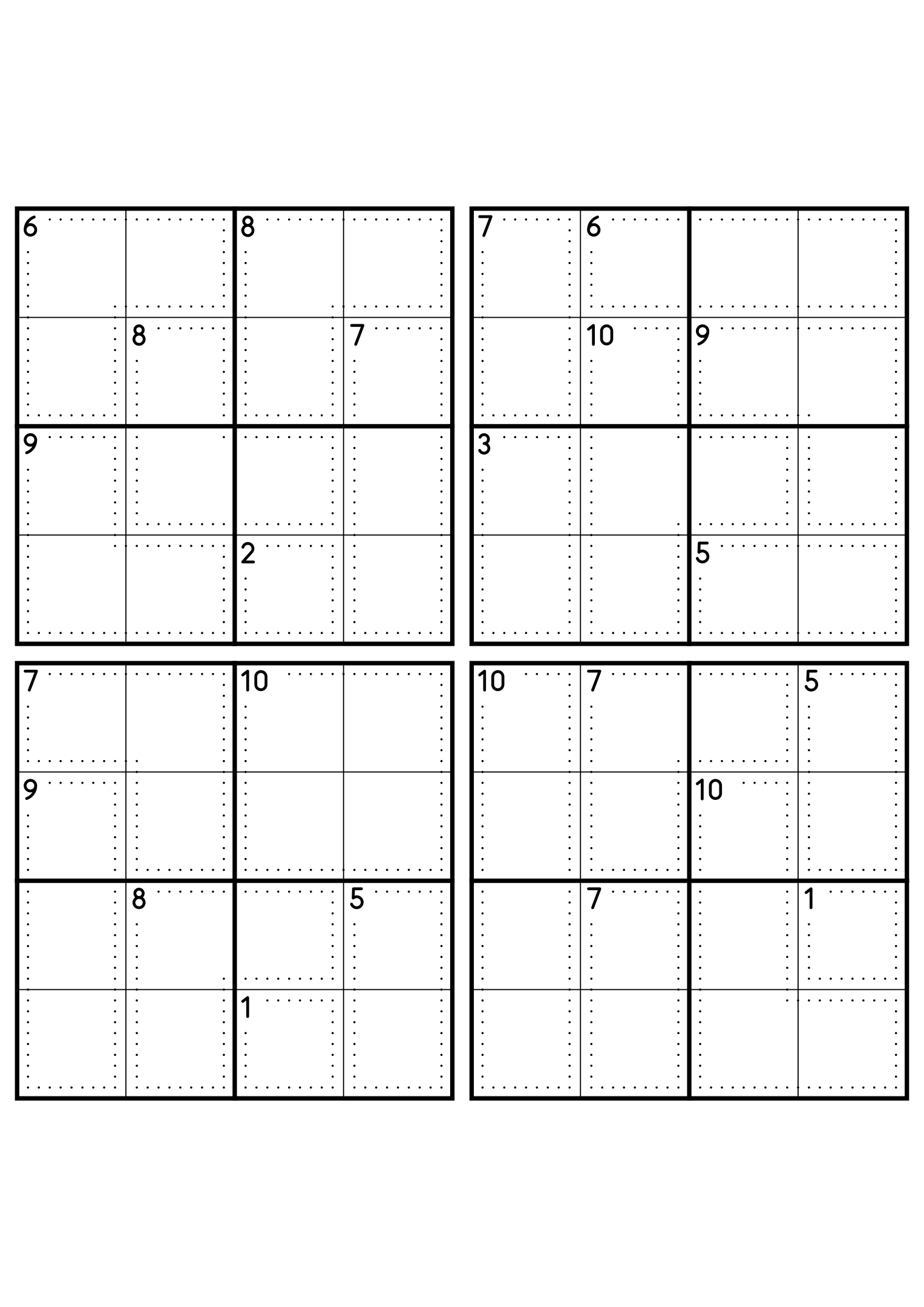 Four hard 4x4 killer sudoku grids with larger cages and no given digit. Level: Hard, 4 puzzles per page. Variant 1.