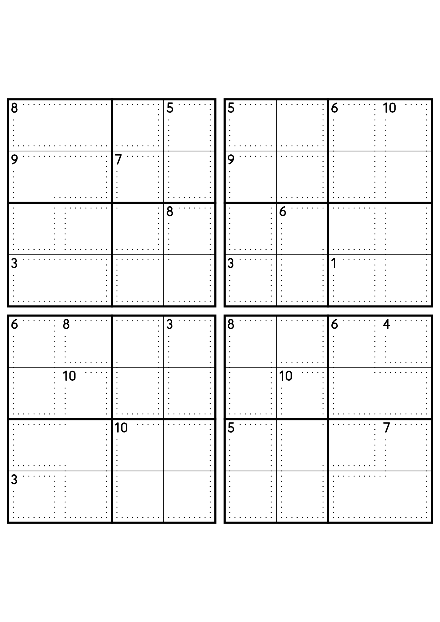 Four hard 4x4 killer sudoku grids with larger cages and no given digit. Level: Hard, 4 puzzles per page. Variant 2.