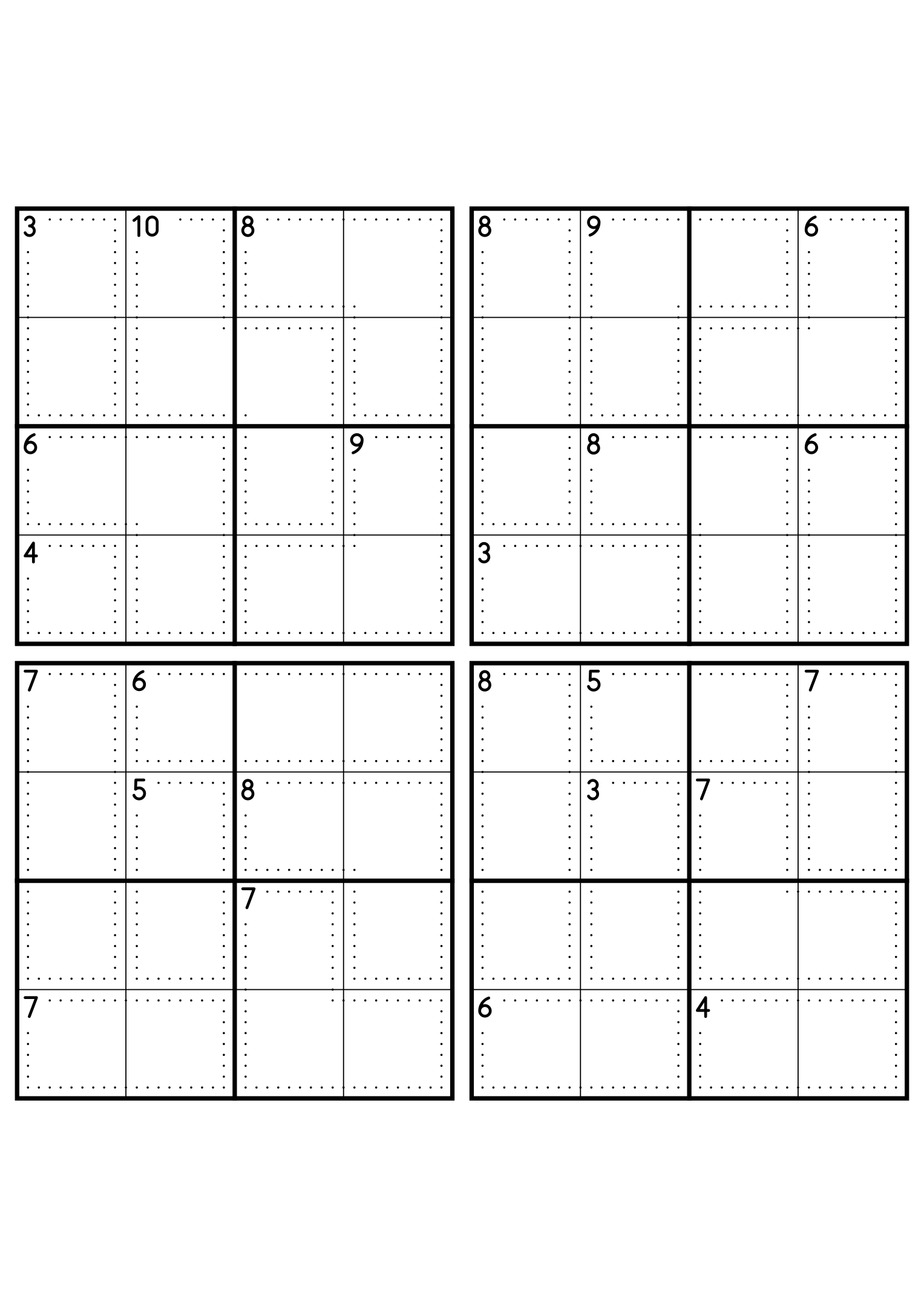 Four hard 4x4 killer sudoku grids with larger cages and no given digit. Level: Hard, 4 puzzles per page. Variant 3.