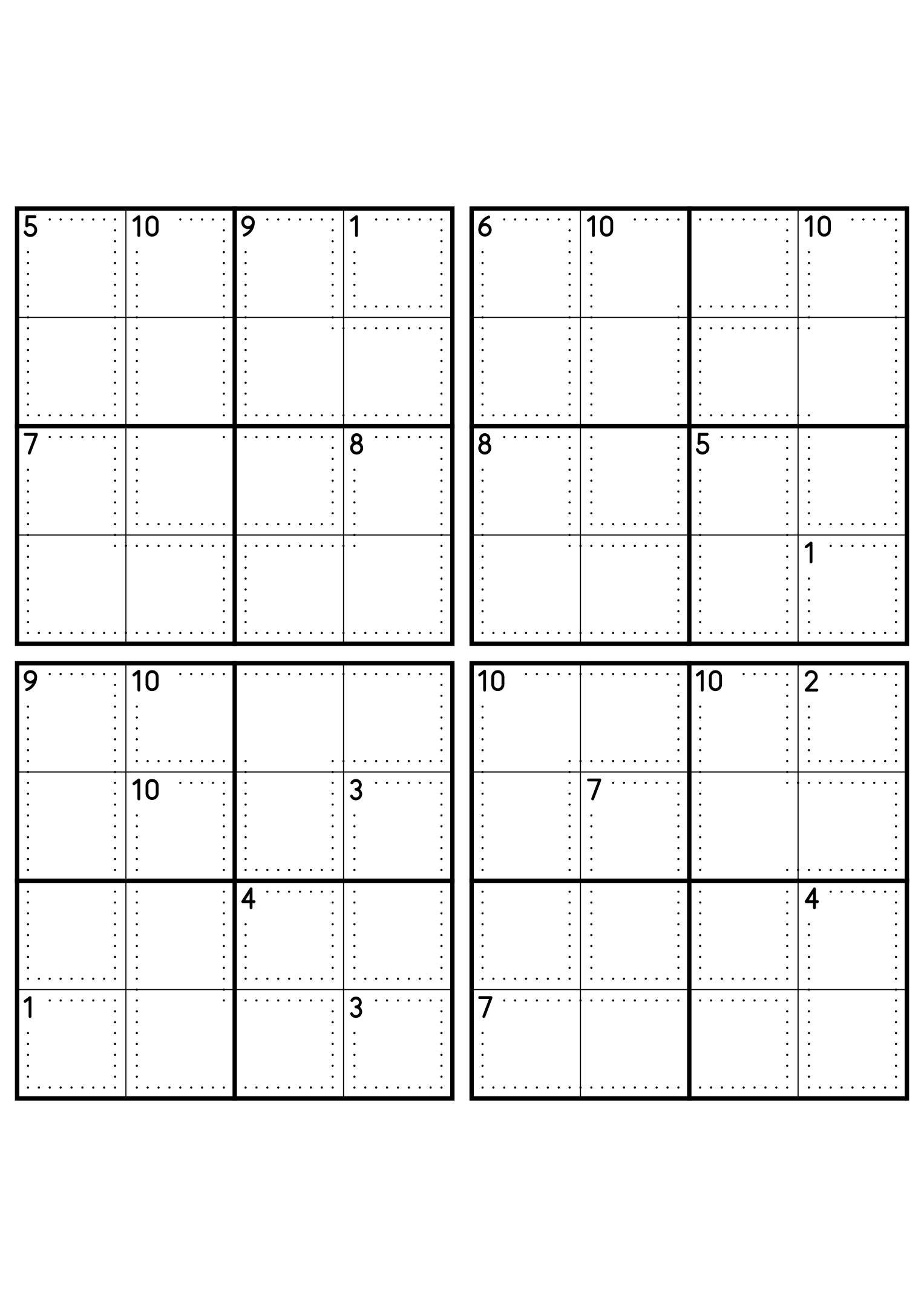 Four hard 4x4 killer sudoku grids with larger cages and no given digit. Level: Hard, 4 puzzles per page. Variant 4.