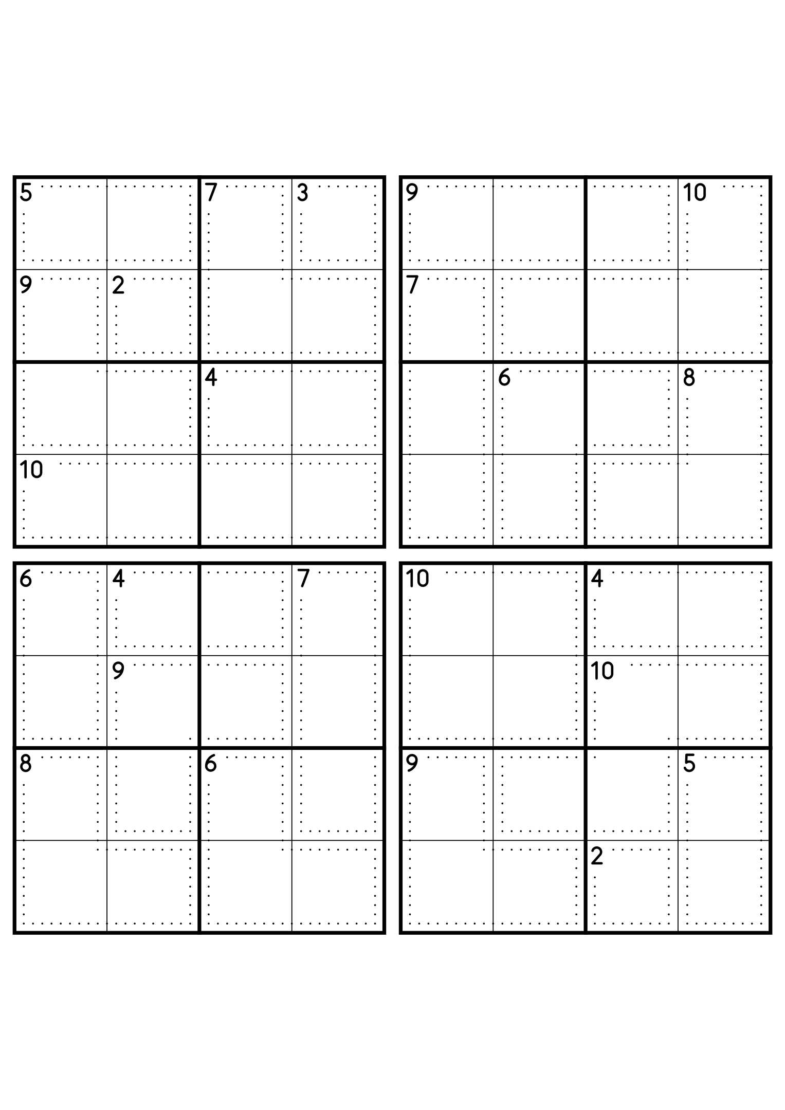 Four hard 4x4 killer sudoku grids with larger cages and no given digit. Level: Hard, 4 puzzles per page. Variant 5.