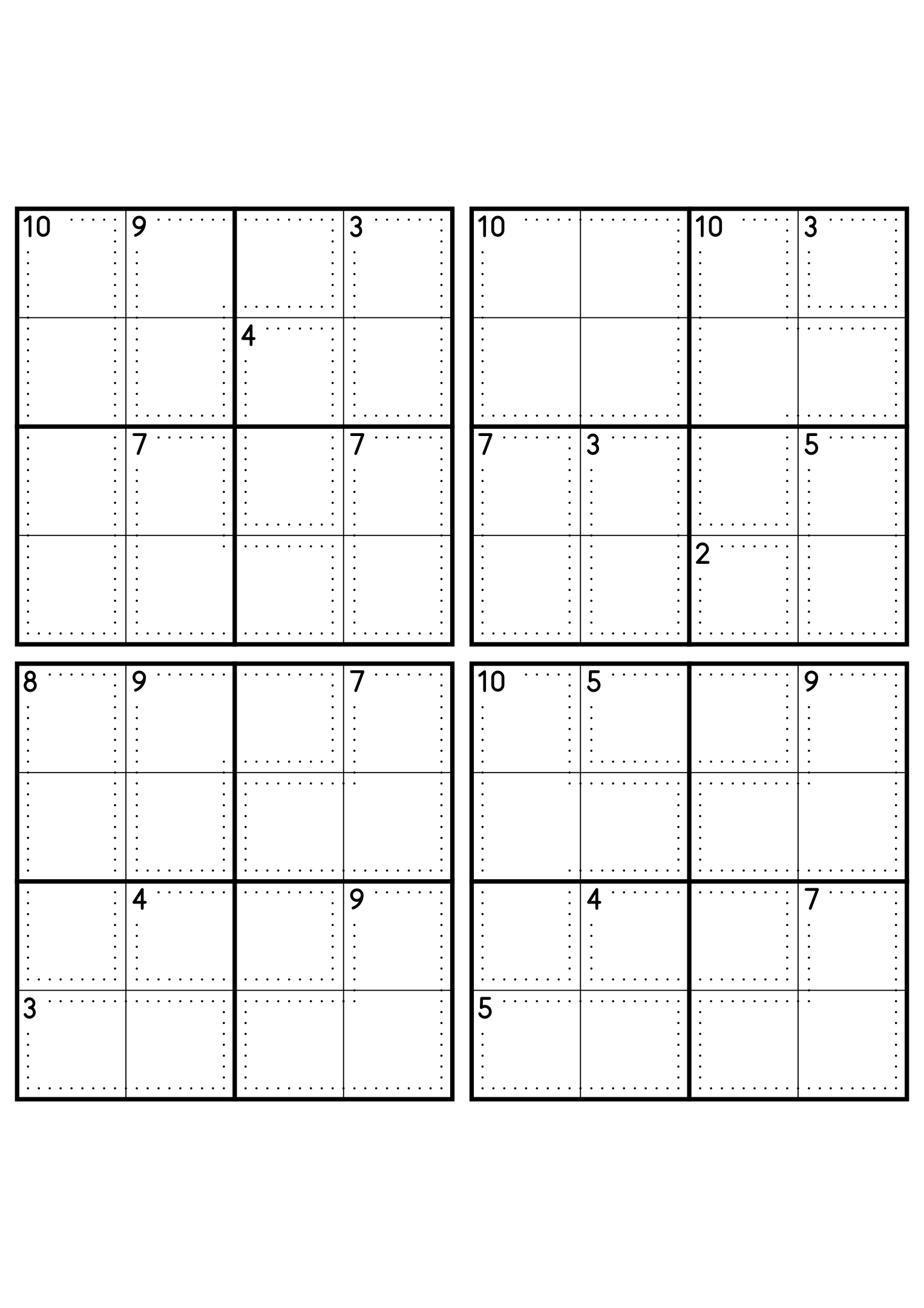 Four hard 4x4 killer sudoku grids with larger cages and no given digit. Level: Hard, 4 puzzles per page. Variant 6.