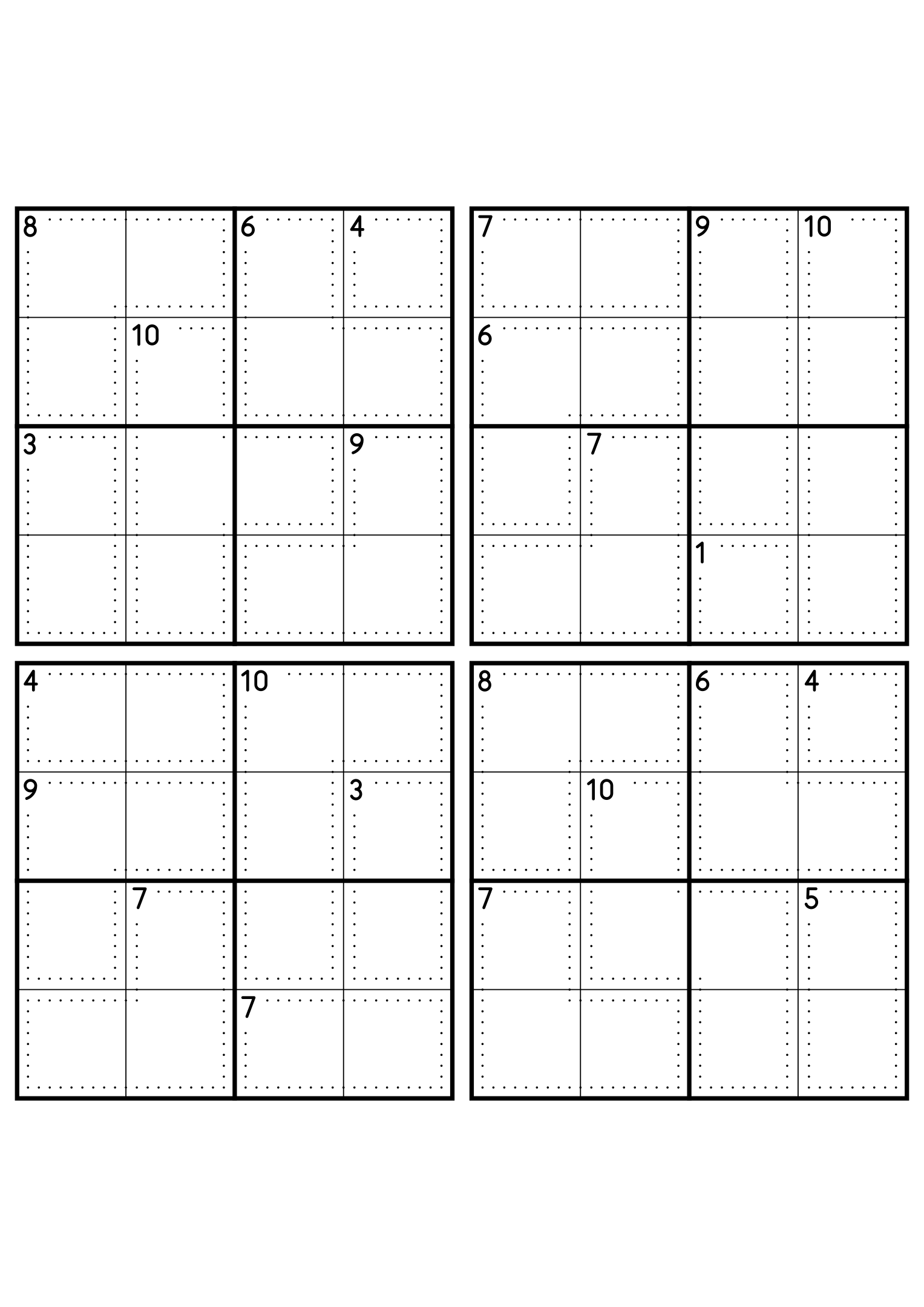 Four hard 4x4 killer sudoku grids with larger cages and no given digit. Level: Hard, 4 puzzles per page. Variant 7.