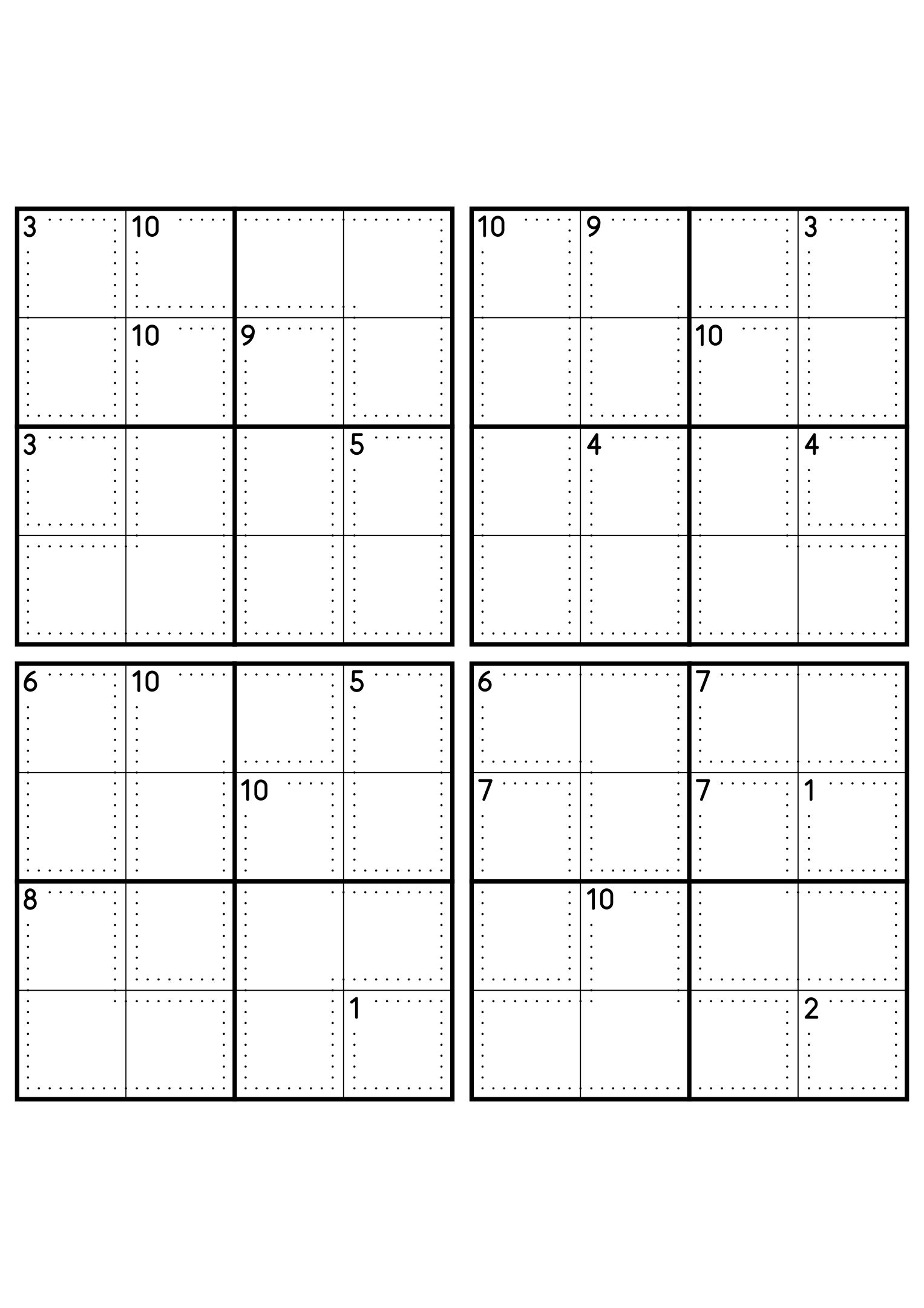 Four hard 4x4 killer sudoku grids with larger cages and no given digit. Level: Hard, 4 puzzles per page. Variant 8.
