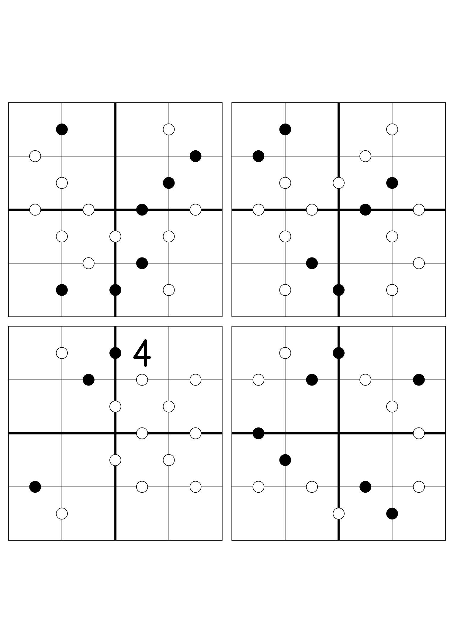 Four hard 4x4 Kropki grids, solved mostly or only from their dots. Variant 1.