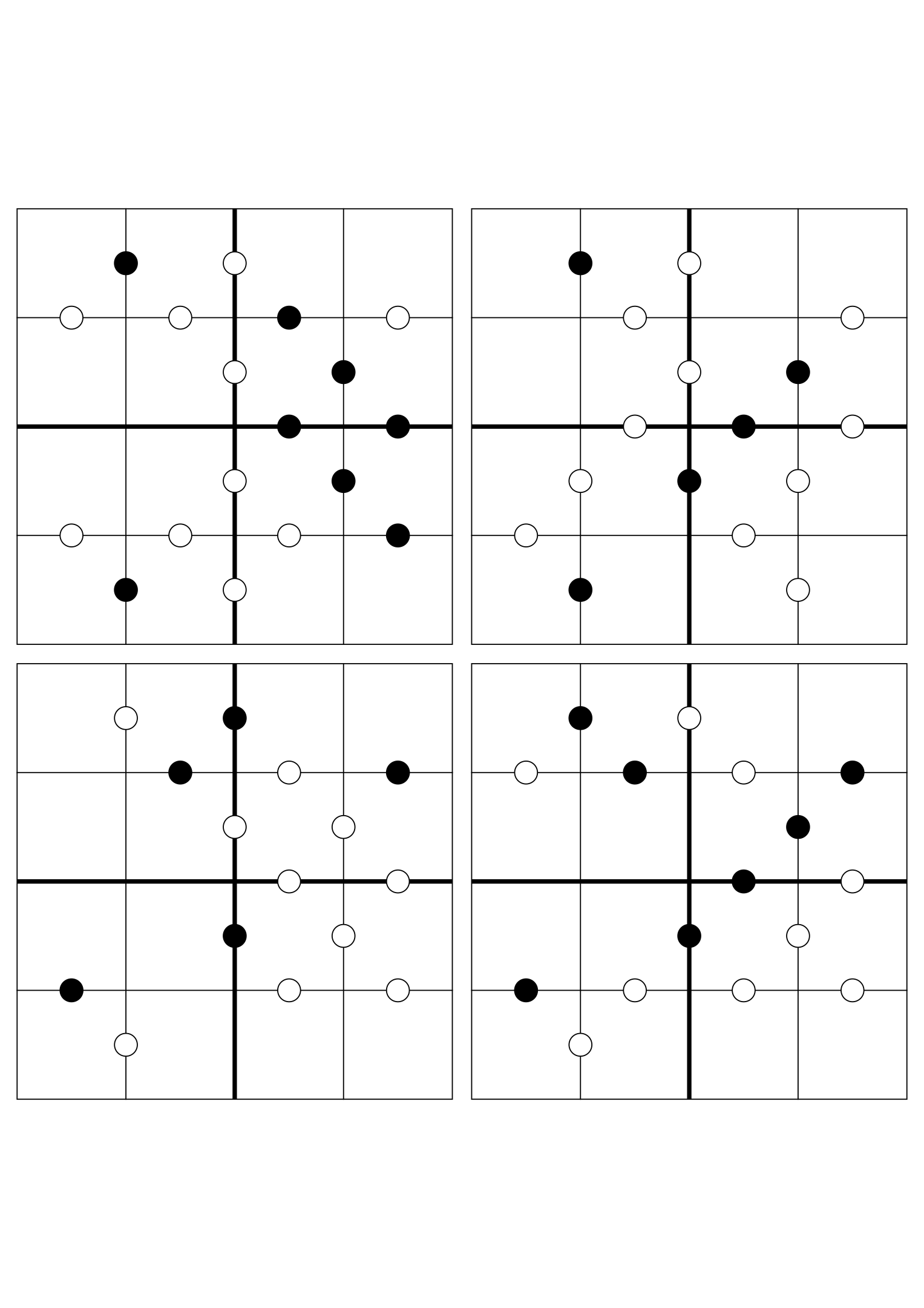 Four hard 4x4 Kropki grids, solved mostly or only from their dots. Variant 2.