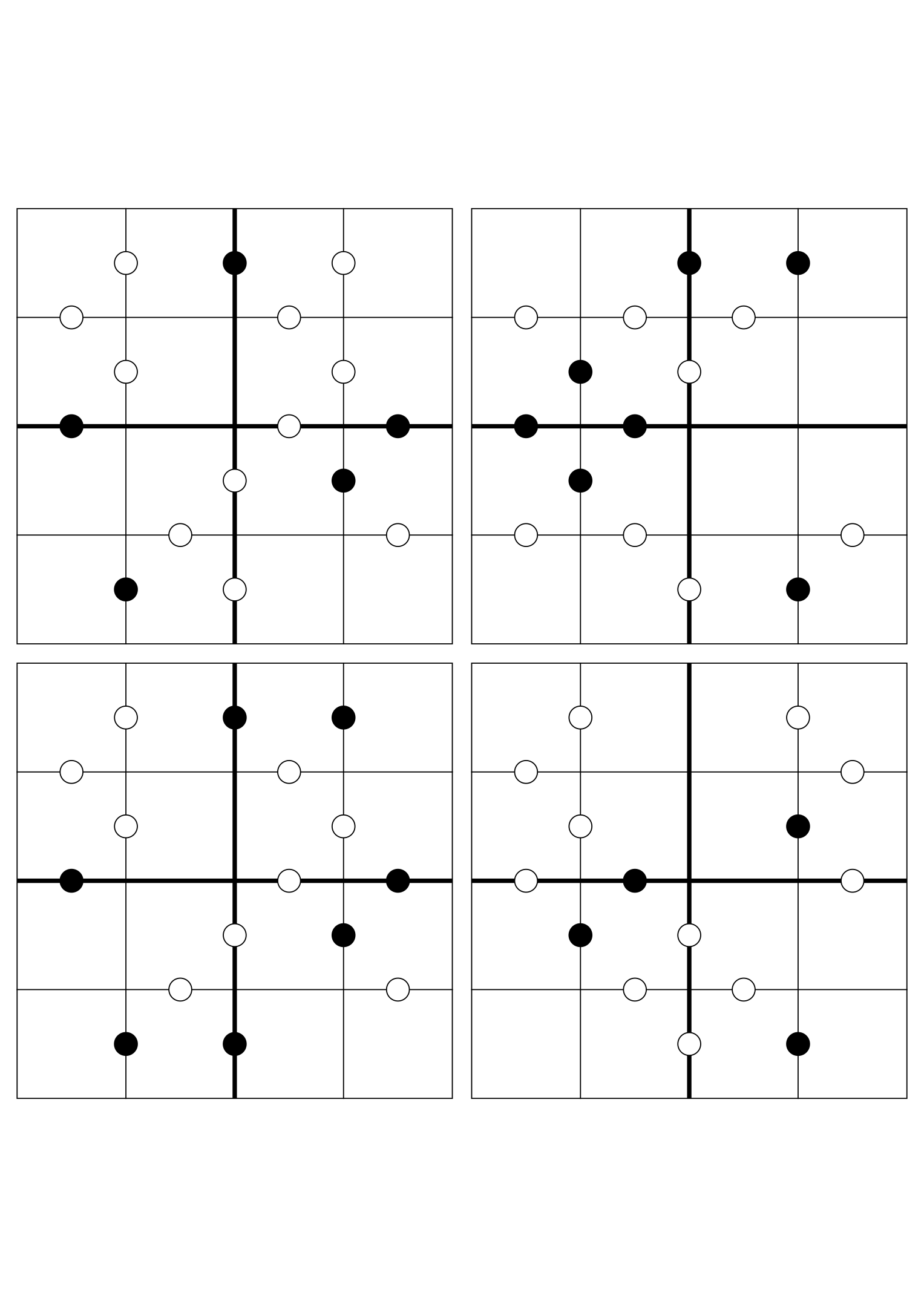 Four hard 4x4 Kropki grids, solved mostly or only from their dots. Variant 3.