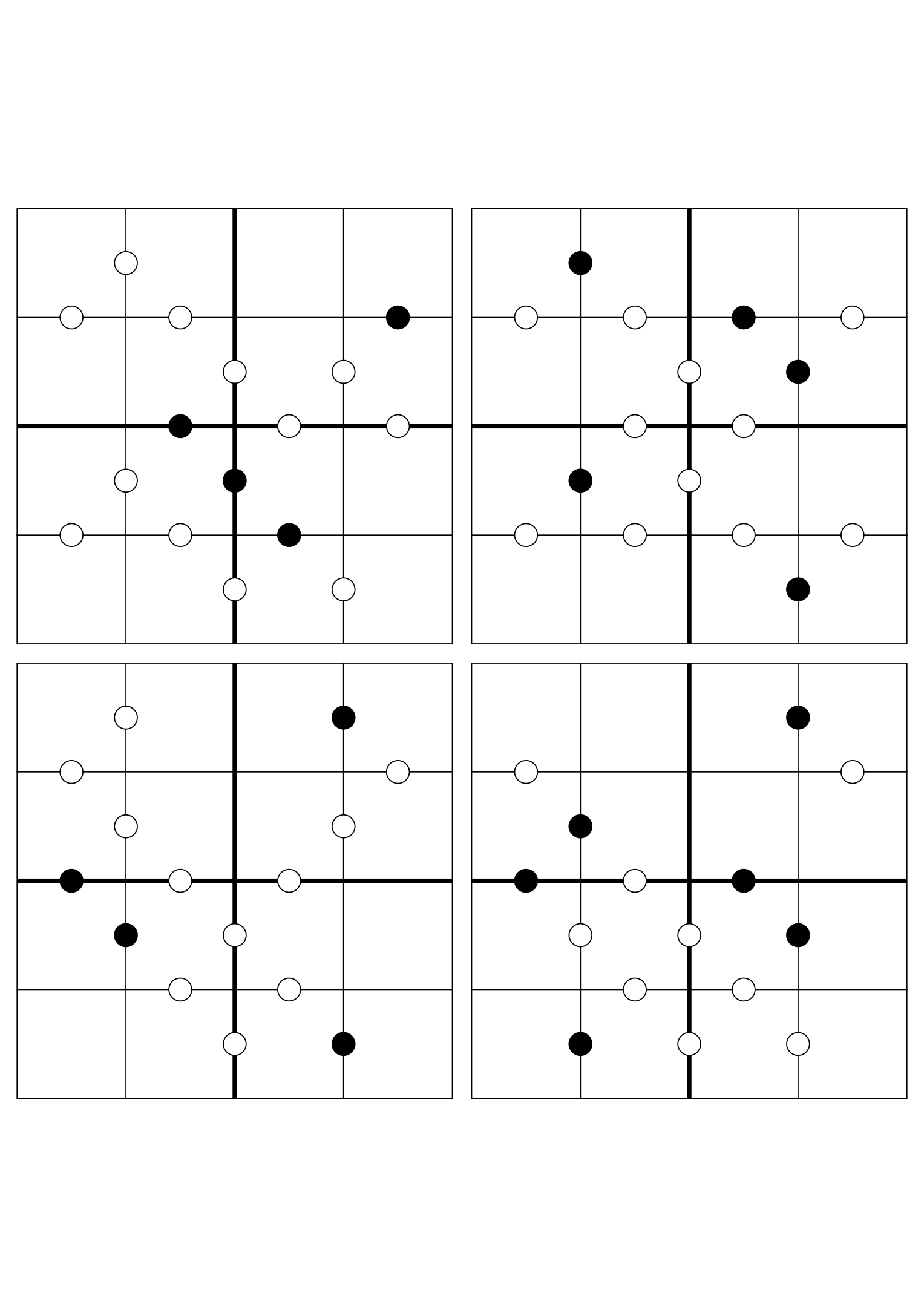 Four hard 4x4 Kropki grids, solved mostly or only from their dots. Variant 4.
